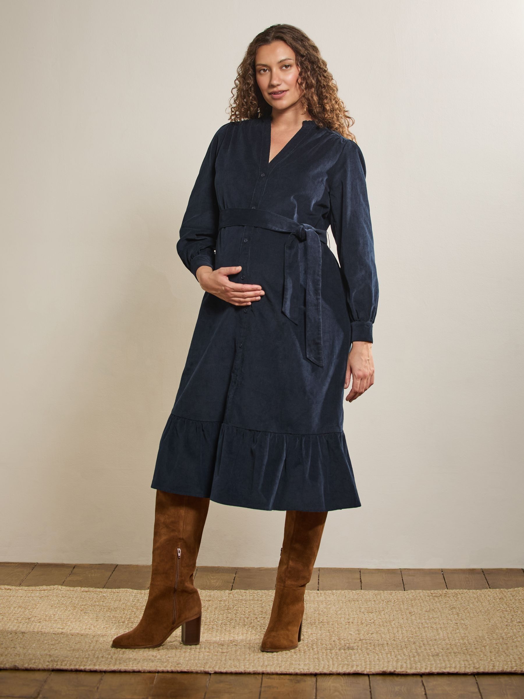 Navy Cord Maternity Midi Dress - Image 1 of 15