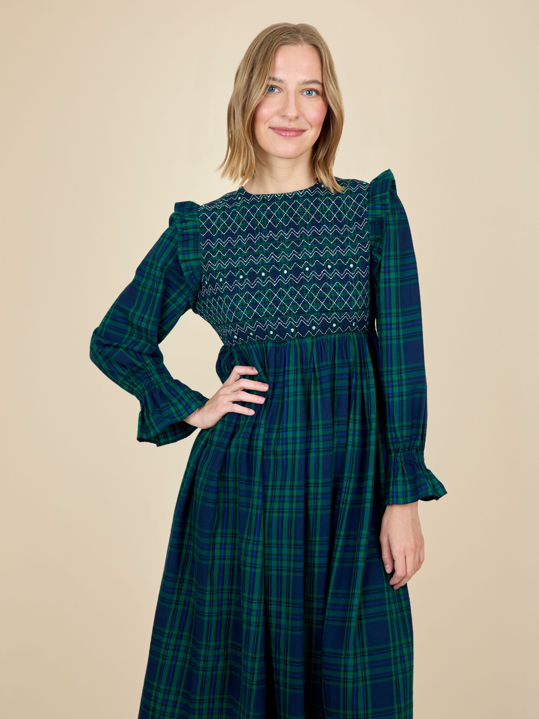Green High Neck Checked Women's Dress - Image 3 of 6