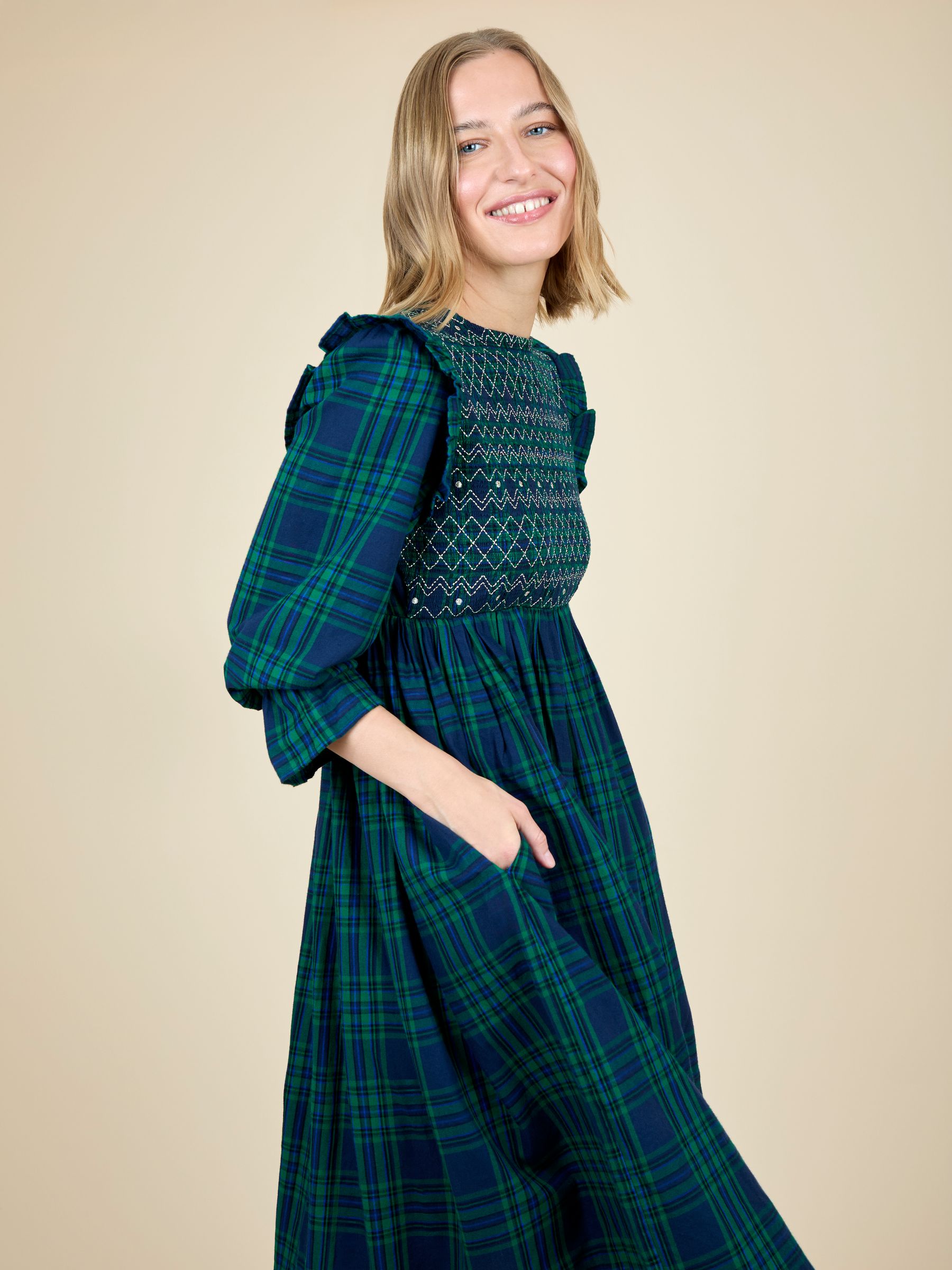 Green High Neck Checked Women's Dress - Image 4 of 6