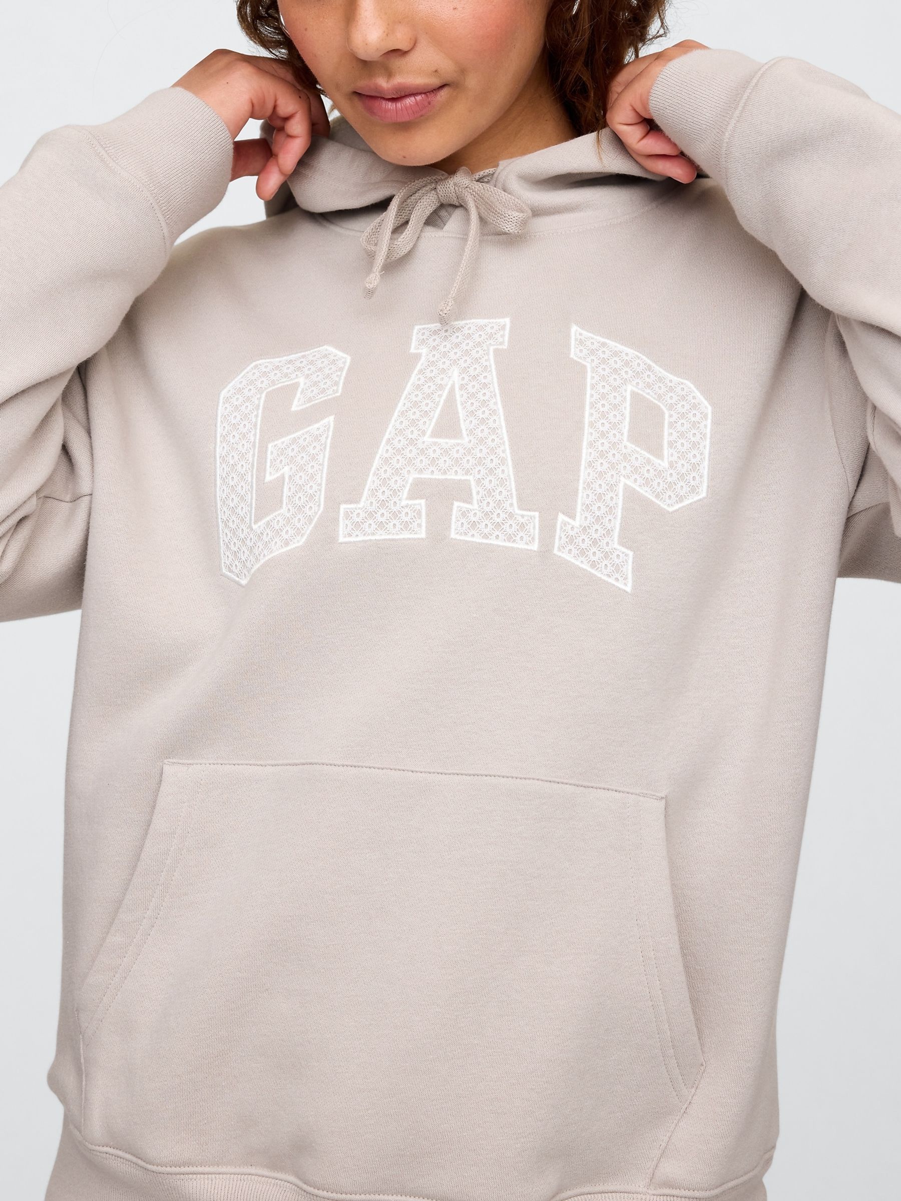Beige Pullover Logo Vintage Fleece-Lined Hoodie - Image 3 of 3