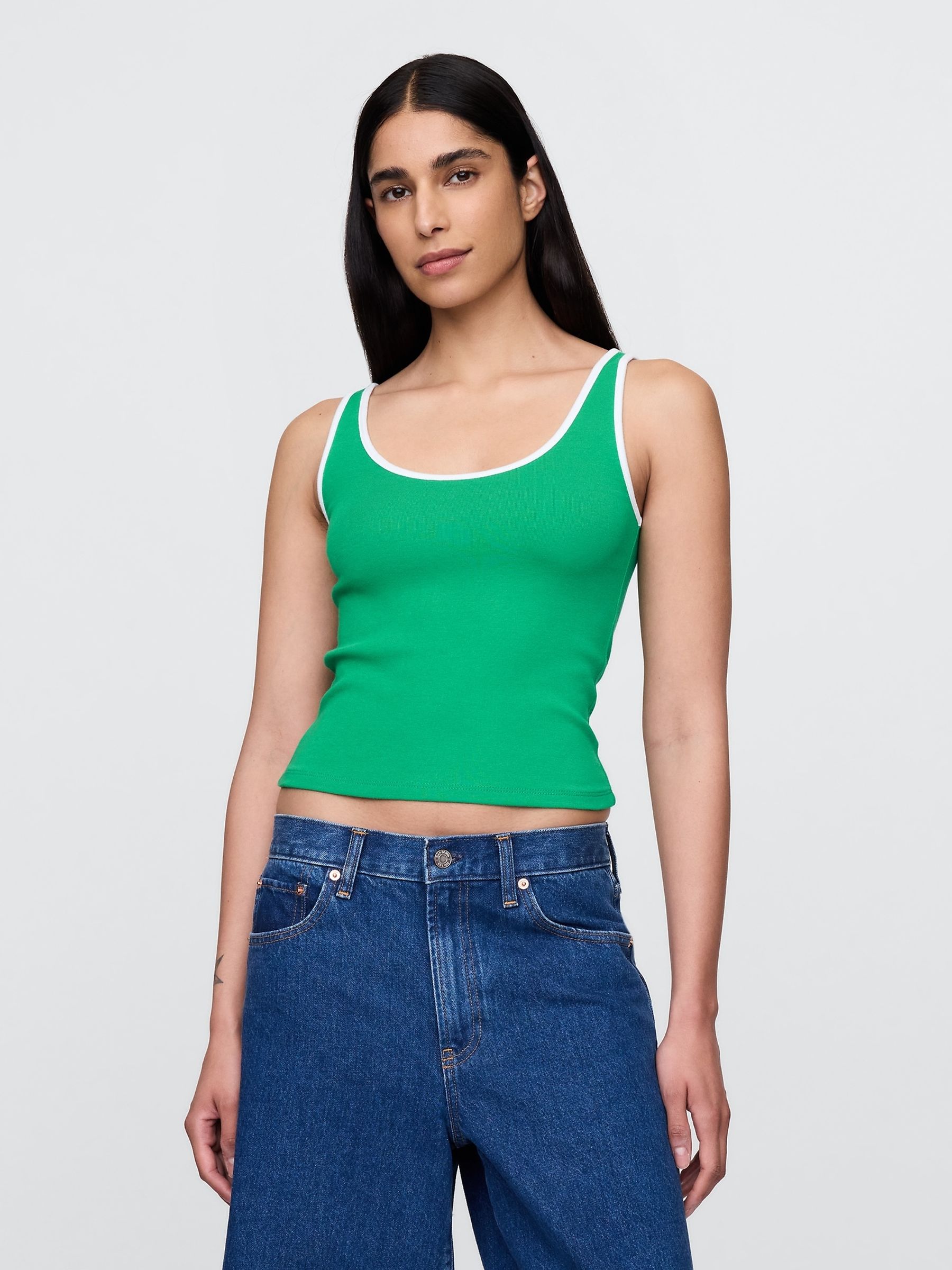 Green Modern Cotton-Modal Scoop Neck Cropped Vest - Image 1 of 5