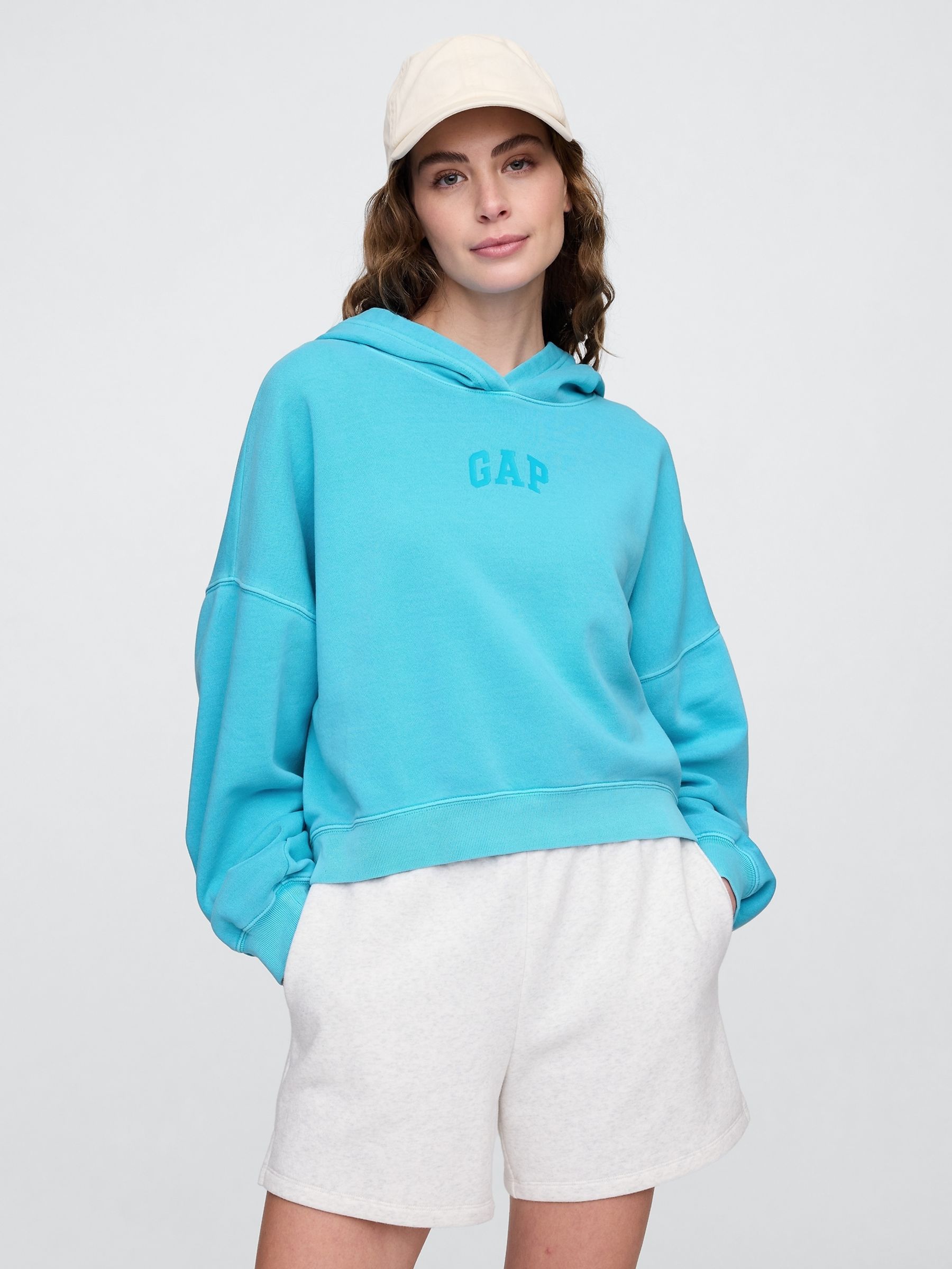 Blue Neon Relaxed Mini-Logo Cropped Hoodie - Image 1 of 4