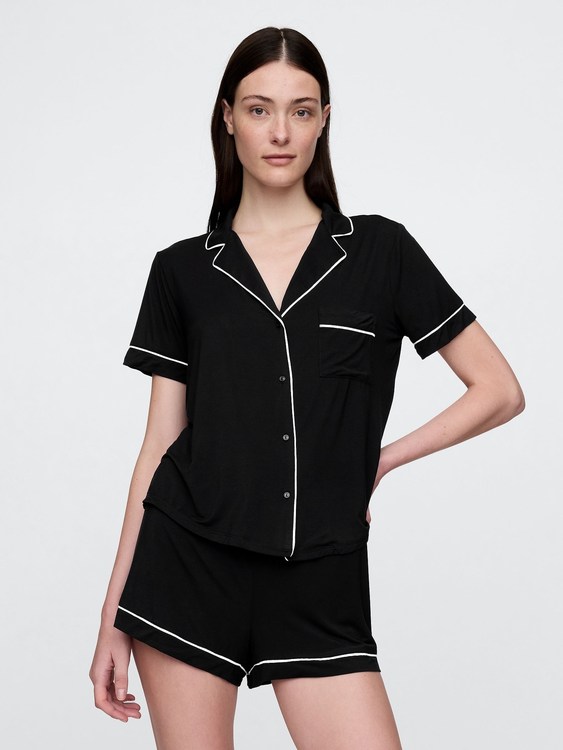Black Modal Short Sleeve Pyjama Top - Image 1 of 4