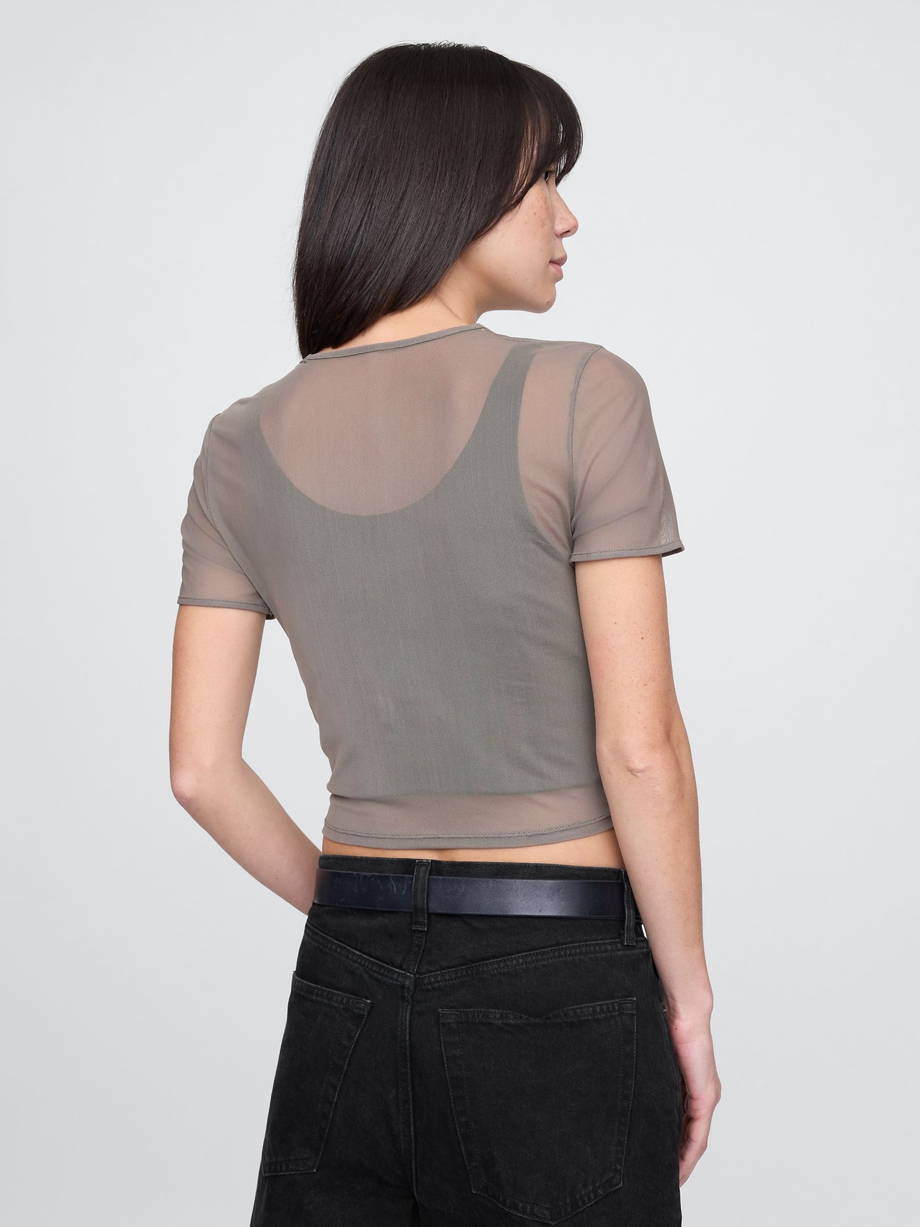 Brown Soft Stretch Mesh Cropped T-Shirt - Image 2 of 5