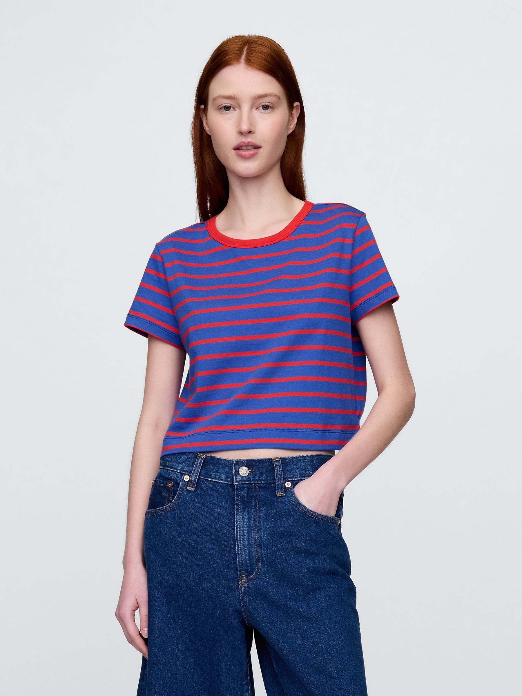 Blue Stripe Organic Cotton VintageSoft Cropped T-Shirt - Image 1 of 4