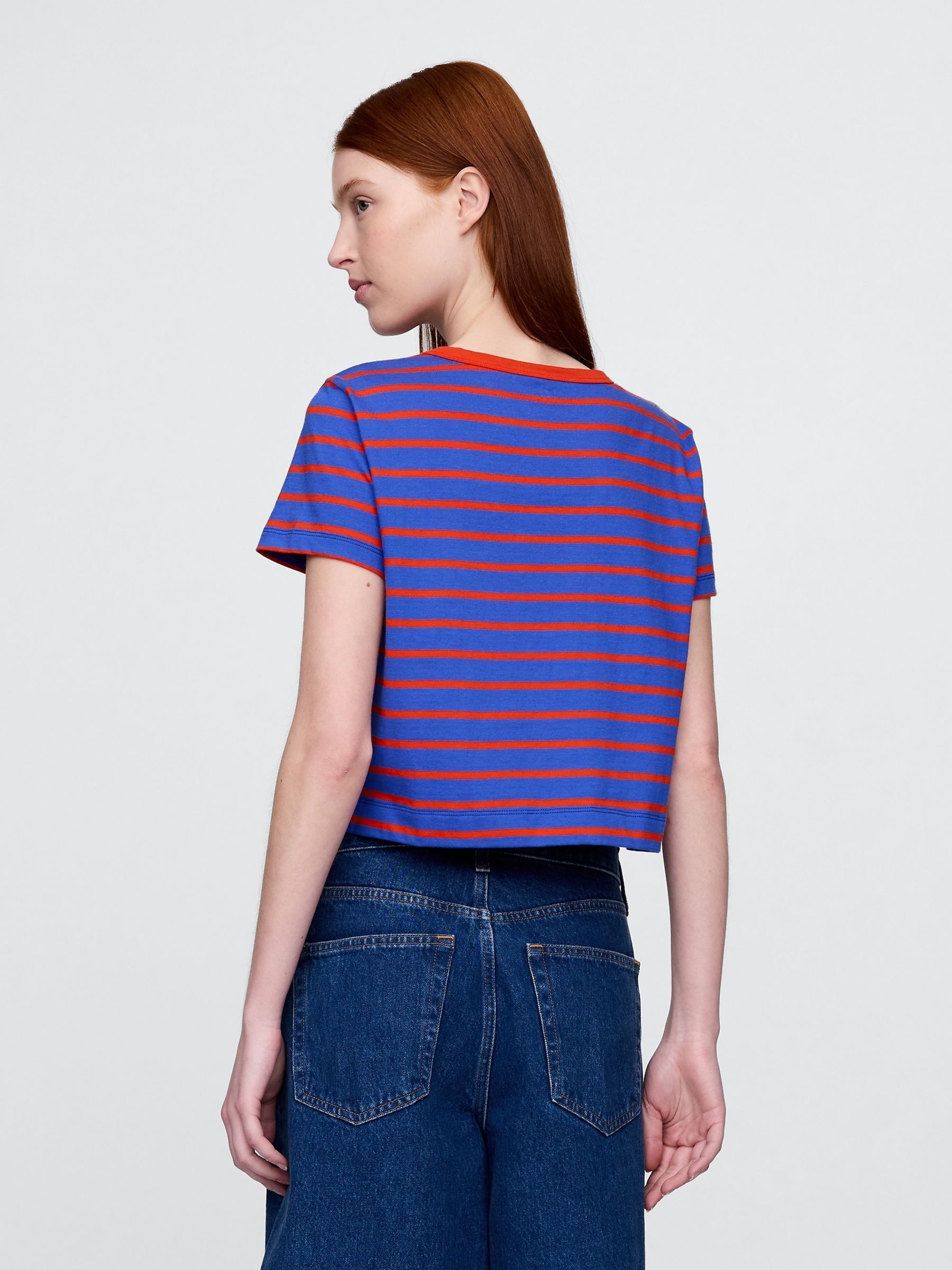 Blue Stripe Organic Cotton VintageSoft Cropped T-Shirt - Image 2 of 4