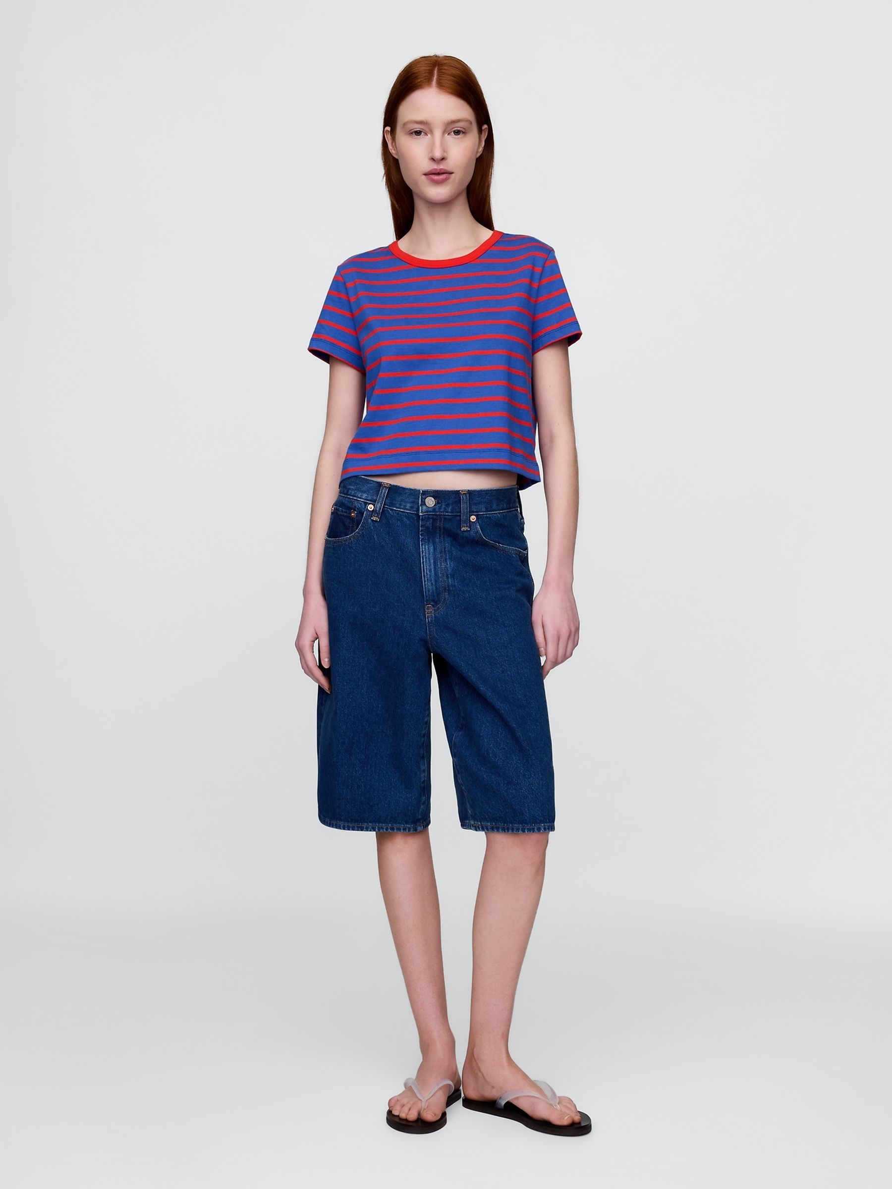 Blue Stripe Organic Cotton VintageSoft Cropped T-Shirt - Image 3 of 4