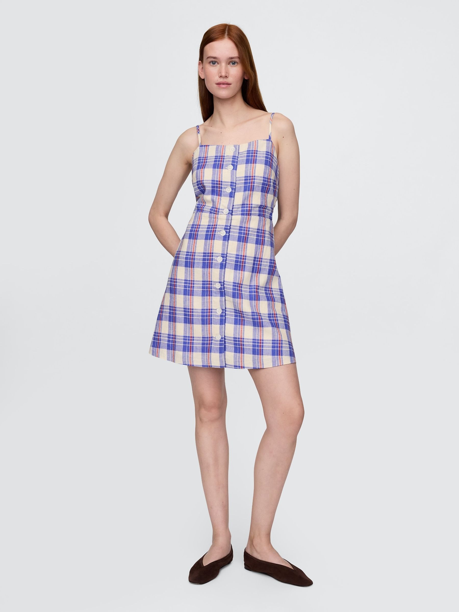 Blue Check Linen-Blend Tie-Back Mini Dress - Image 1 of 5