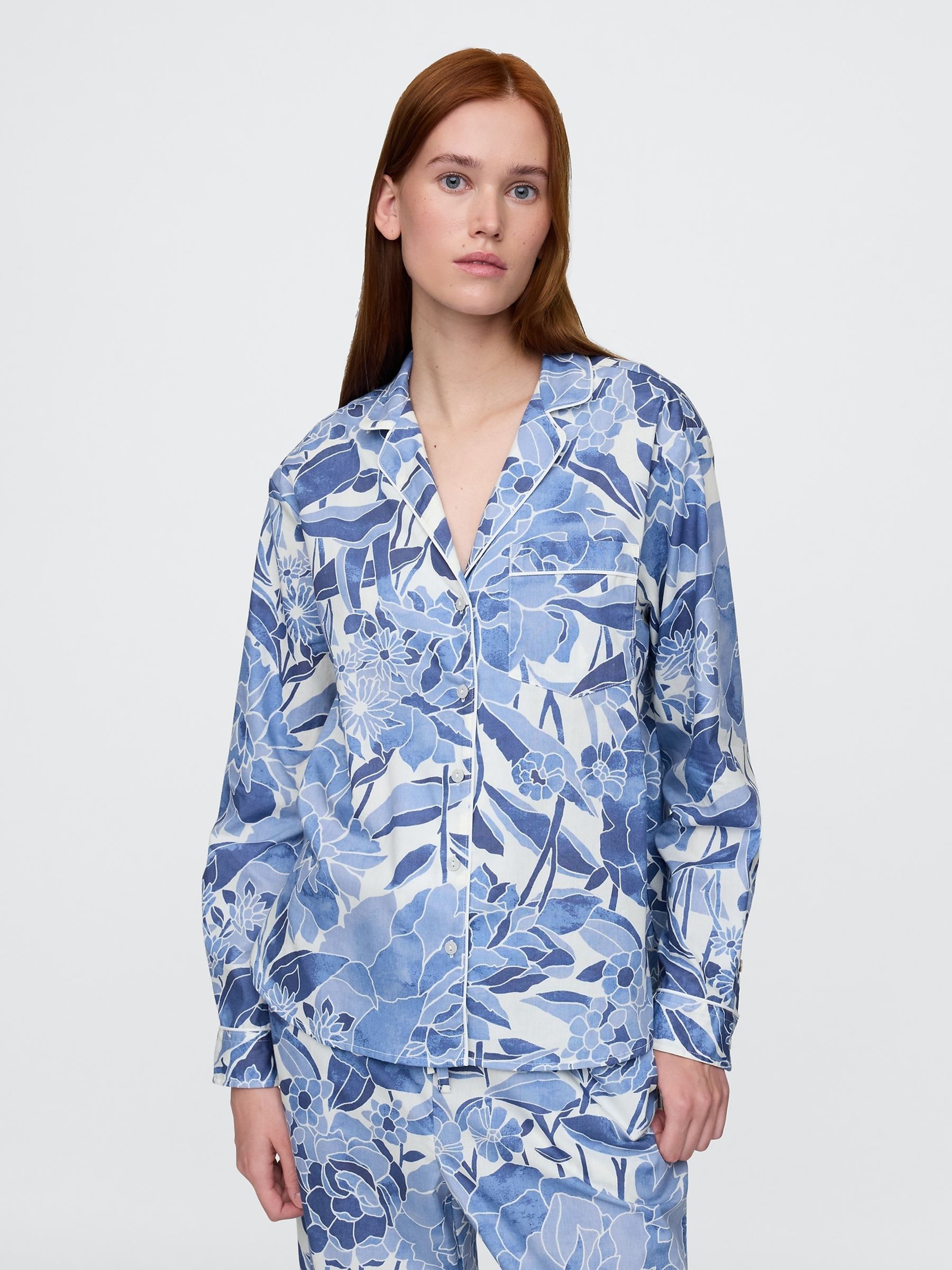 Blue Floral Long Sleeve Poplin Pyjama Shirt - Image 1 of 4