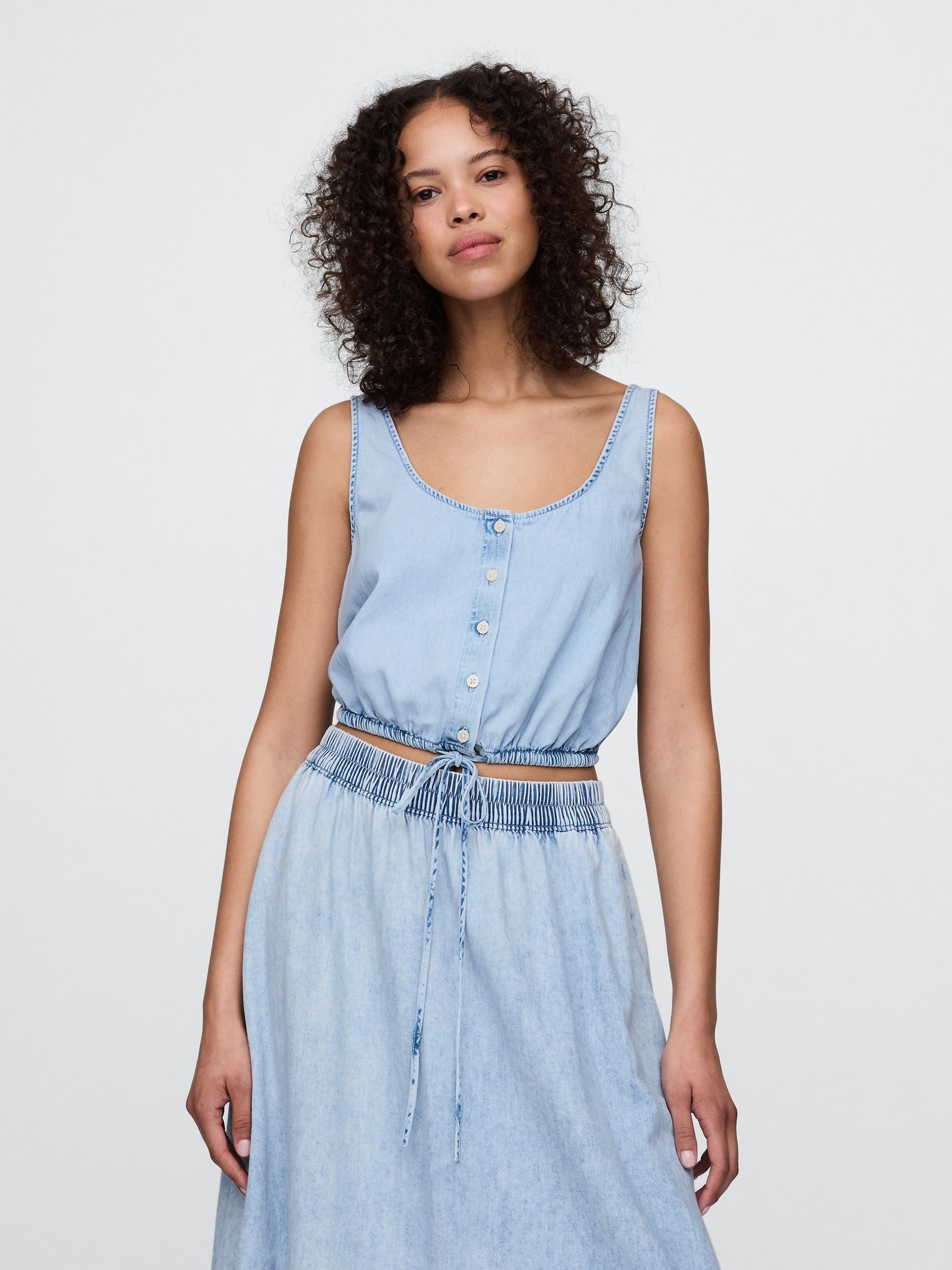 Blue Denim Cinched-Hem Cropped Top - Image 1 of 4
