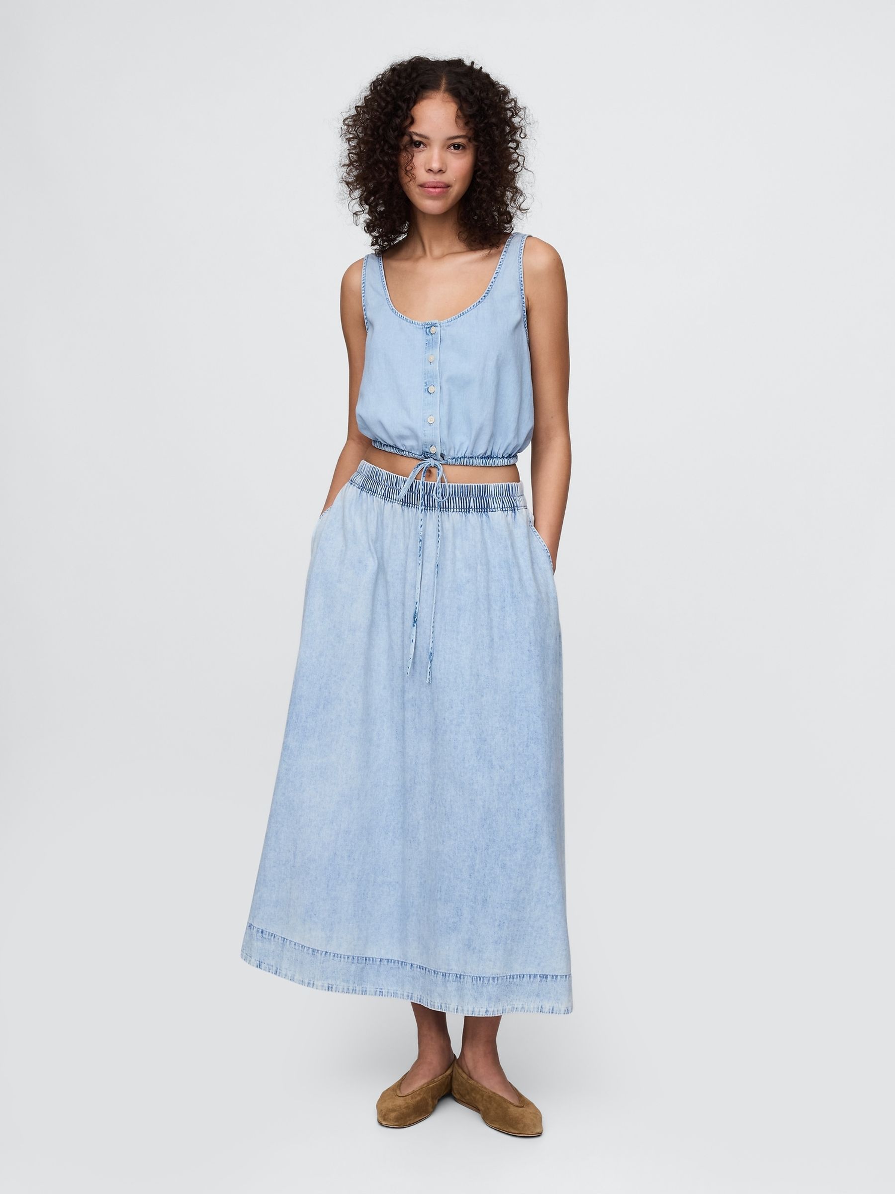 Blue Denim Cinched-Hem Cropped Top - Image 3 of 4