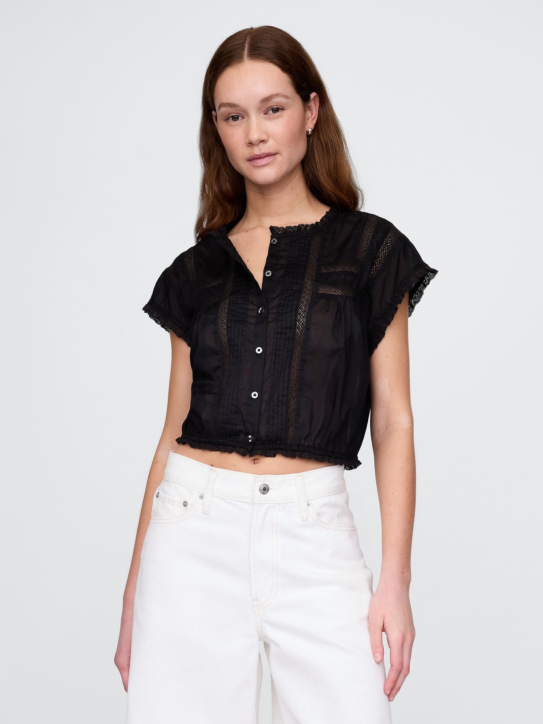 Black Cropped Ruffle Pintuck Top - Image 2 of 4