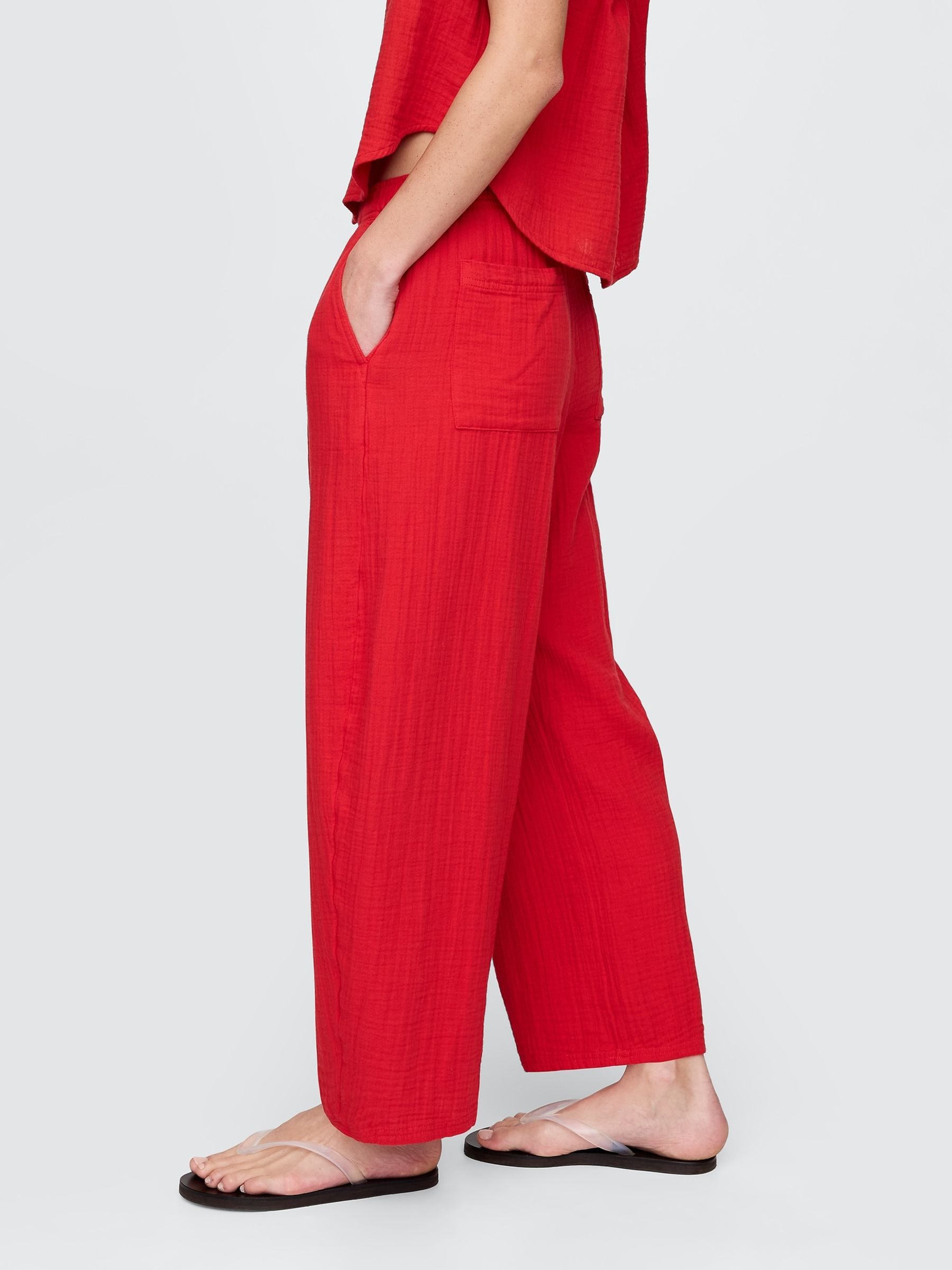 Red 100% Cotton Crinkle Gauze Easy Barrel Trousers - Image 3 of 5