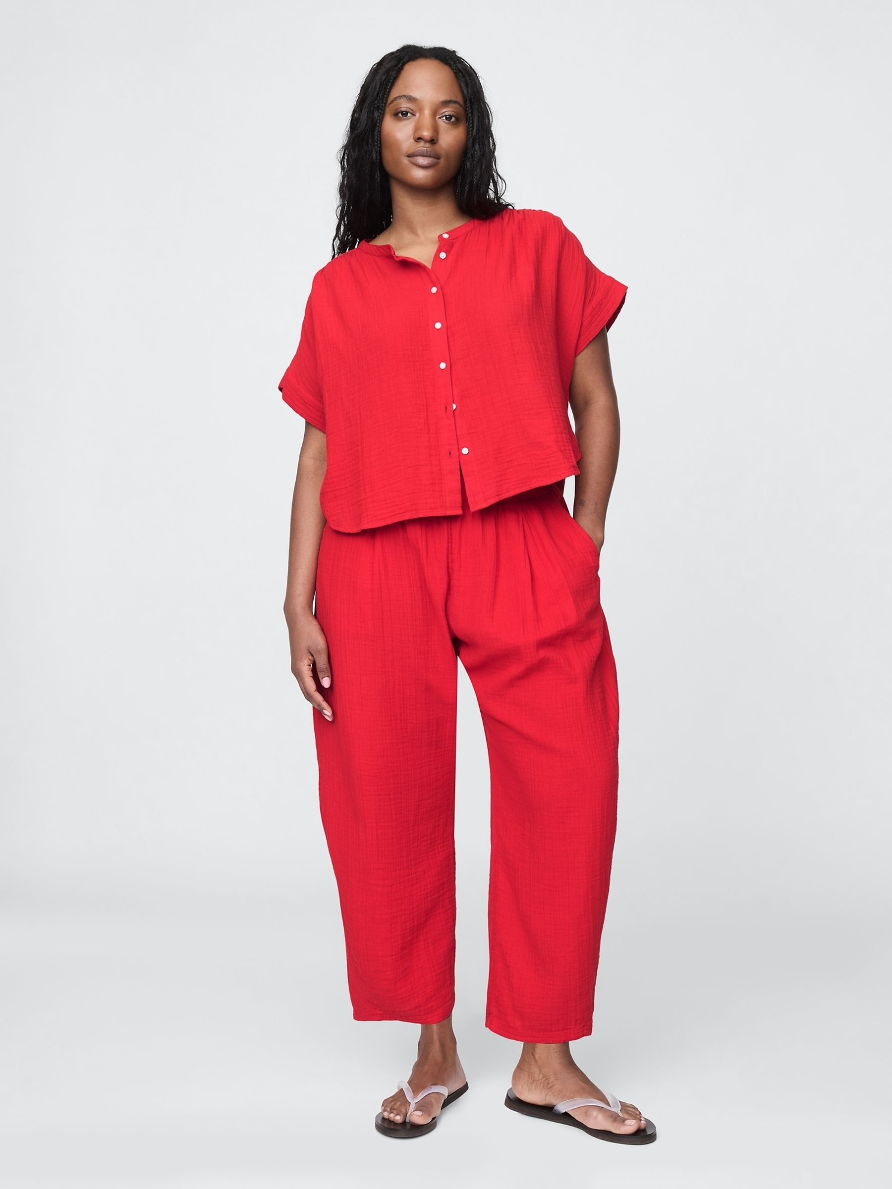 Red 100% Cotton Crinkle Gauze Easy Barrel Trousers - Image 5 of 5