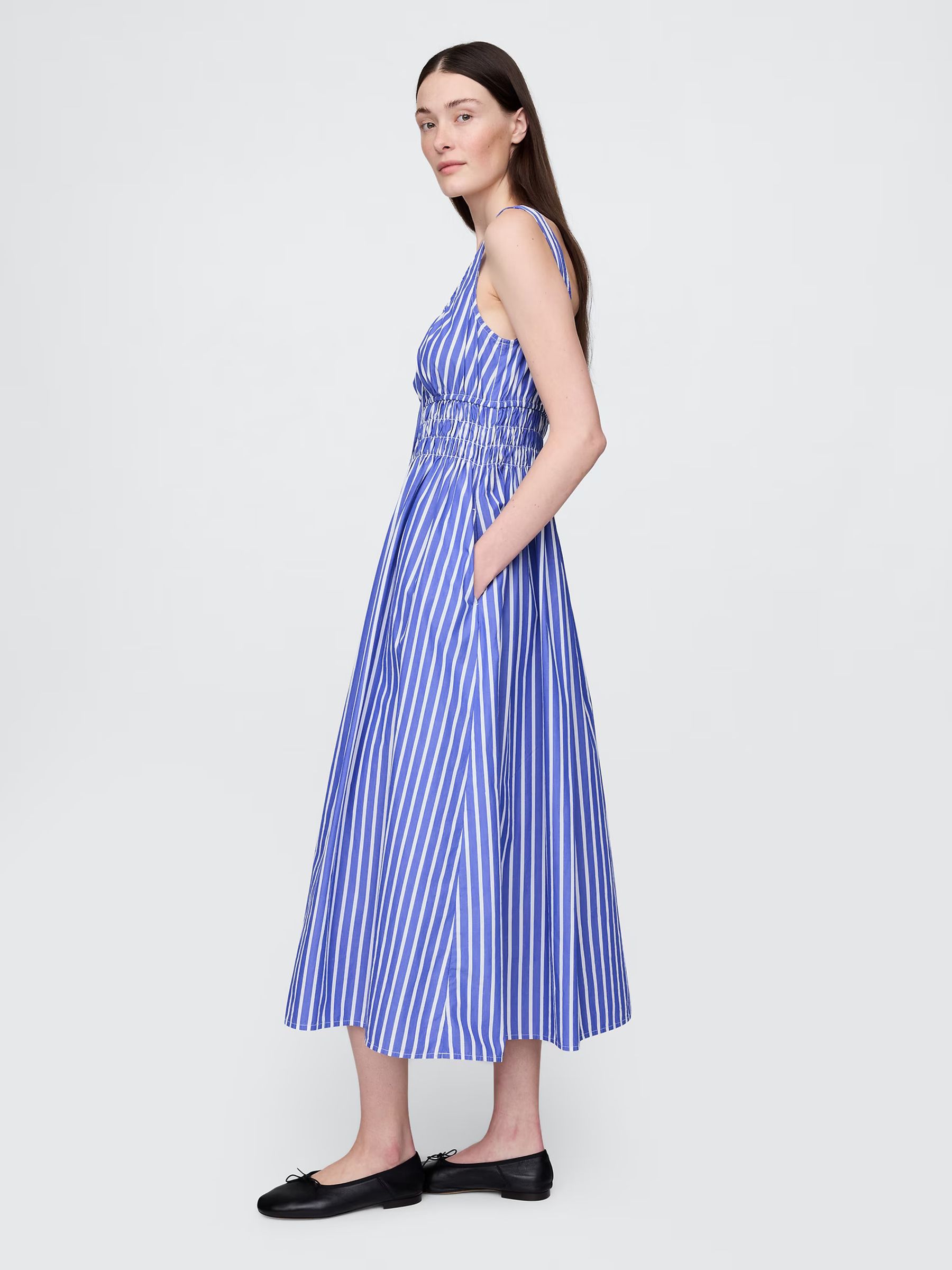 Blue Stripe Poplin Smocked Midi Dress - Image 3 of 5