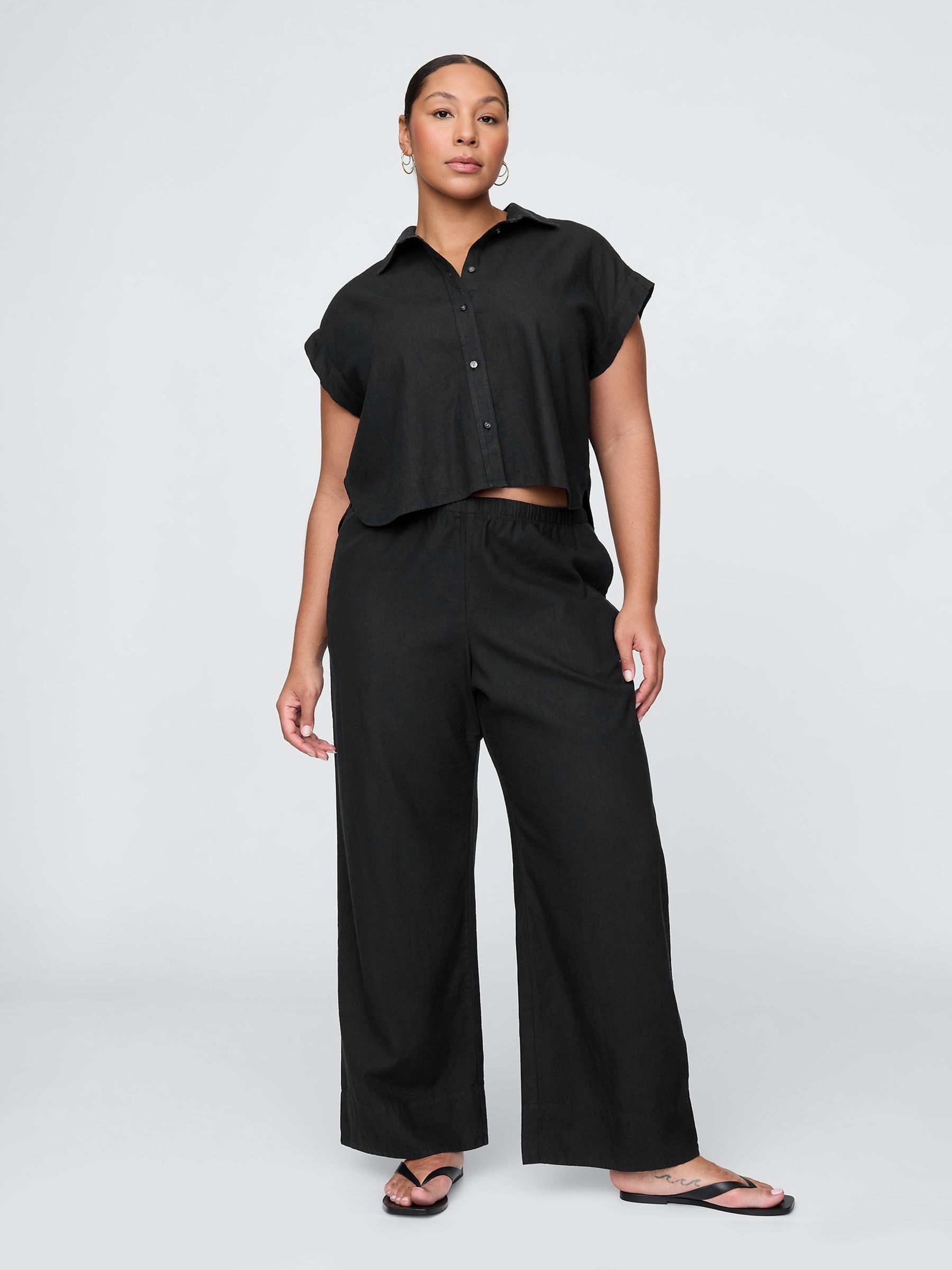 Black Heavyweight Linen-Blend Easy Wide-Hem Trousers - Image 1 of 5