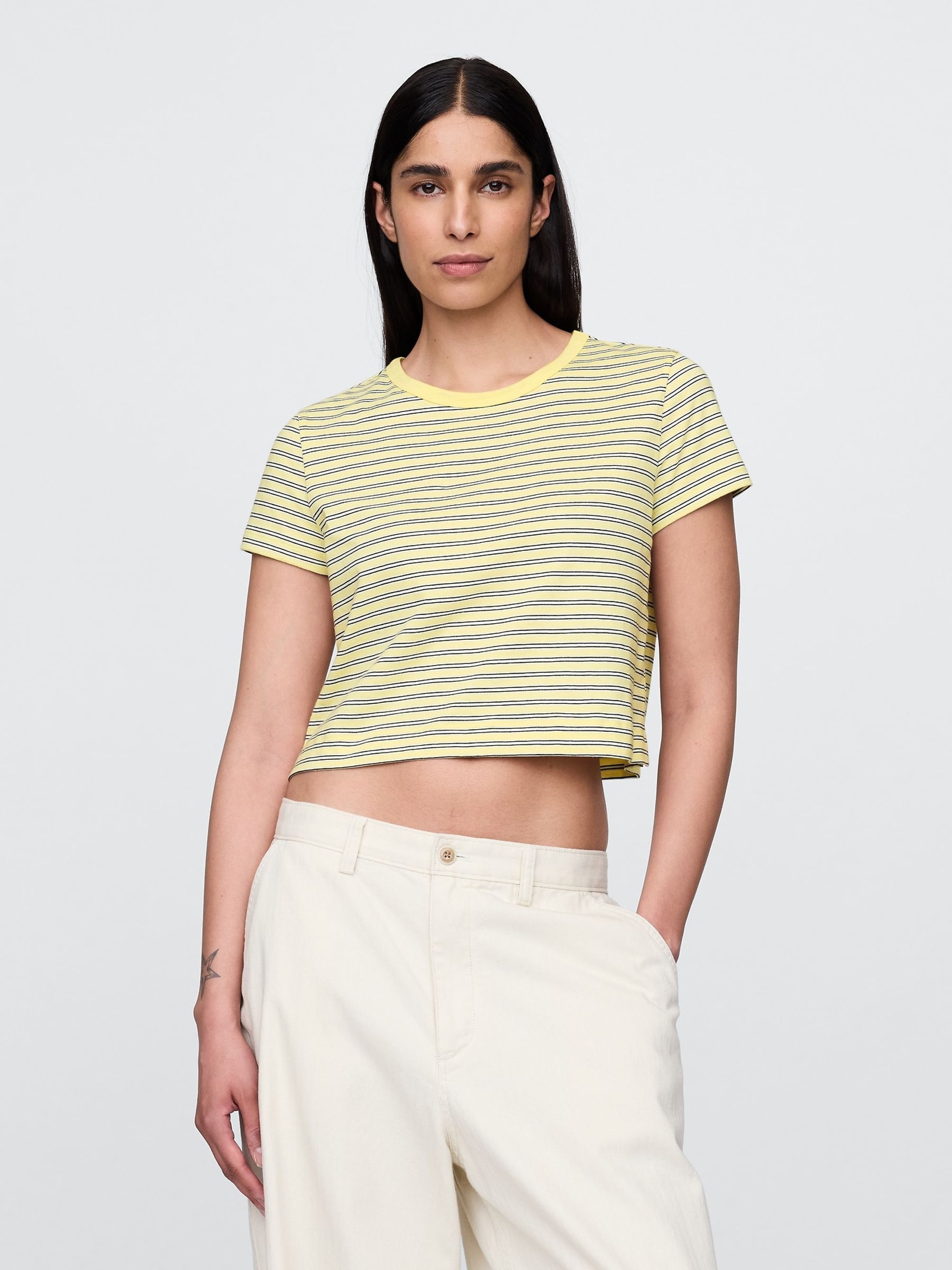 Yellow/Black Stripe Cotton VintageSoft Cropped Striped T-Shirt - Image 1 of 5
