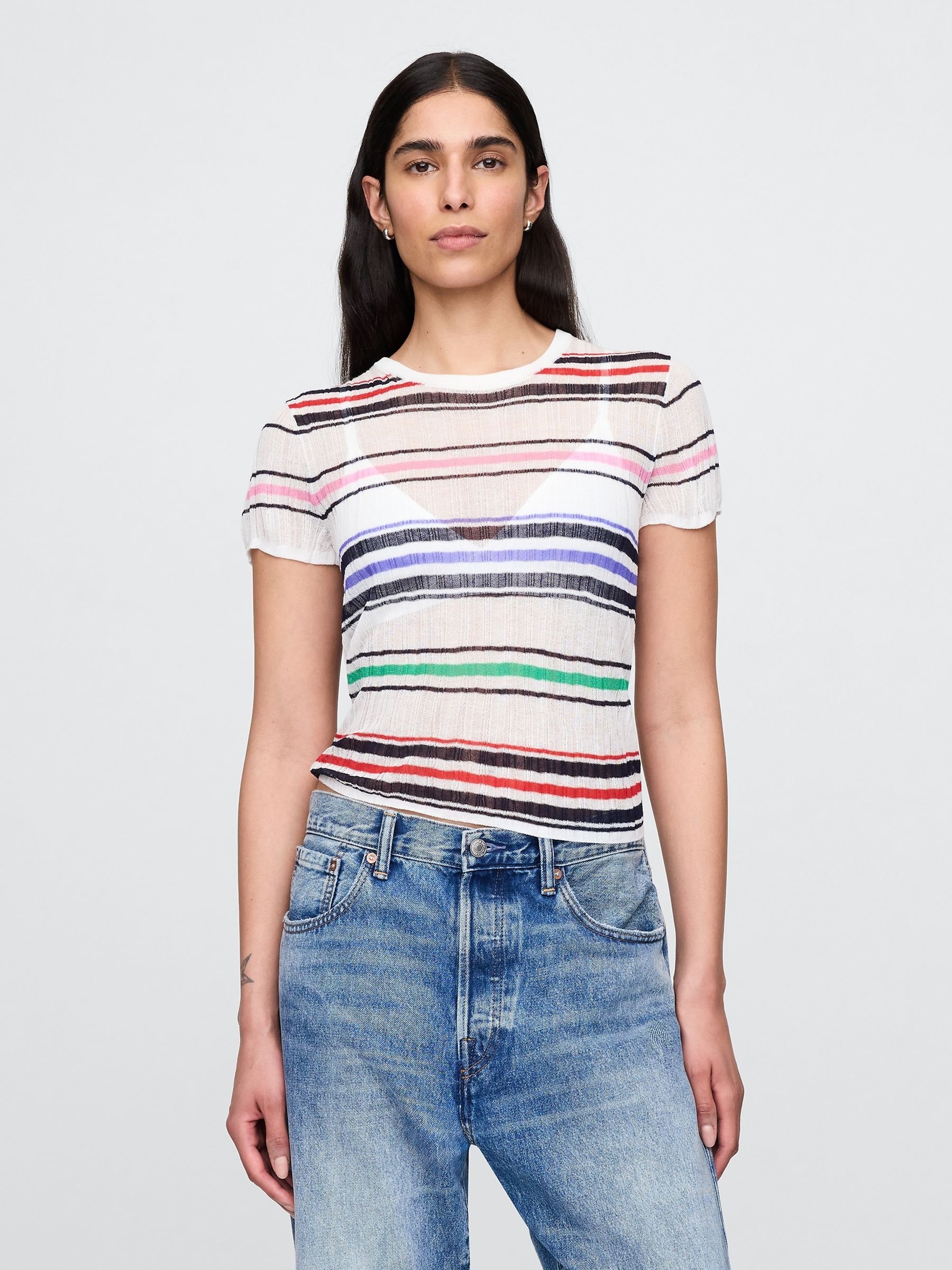 White Multi Sheer Rib T-Shirt - Image 1 of 7