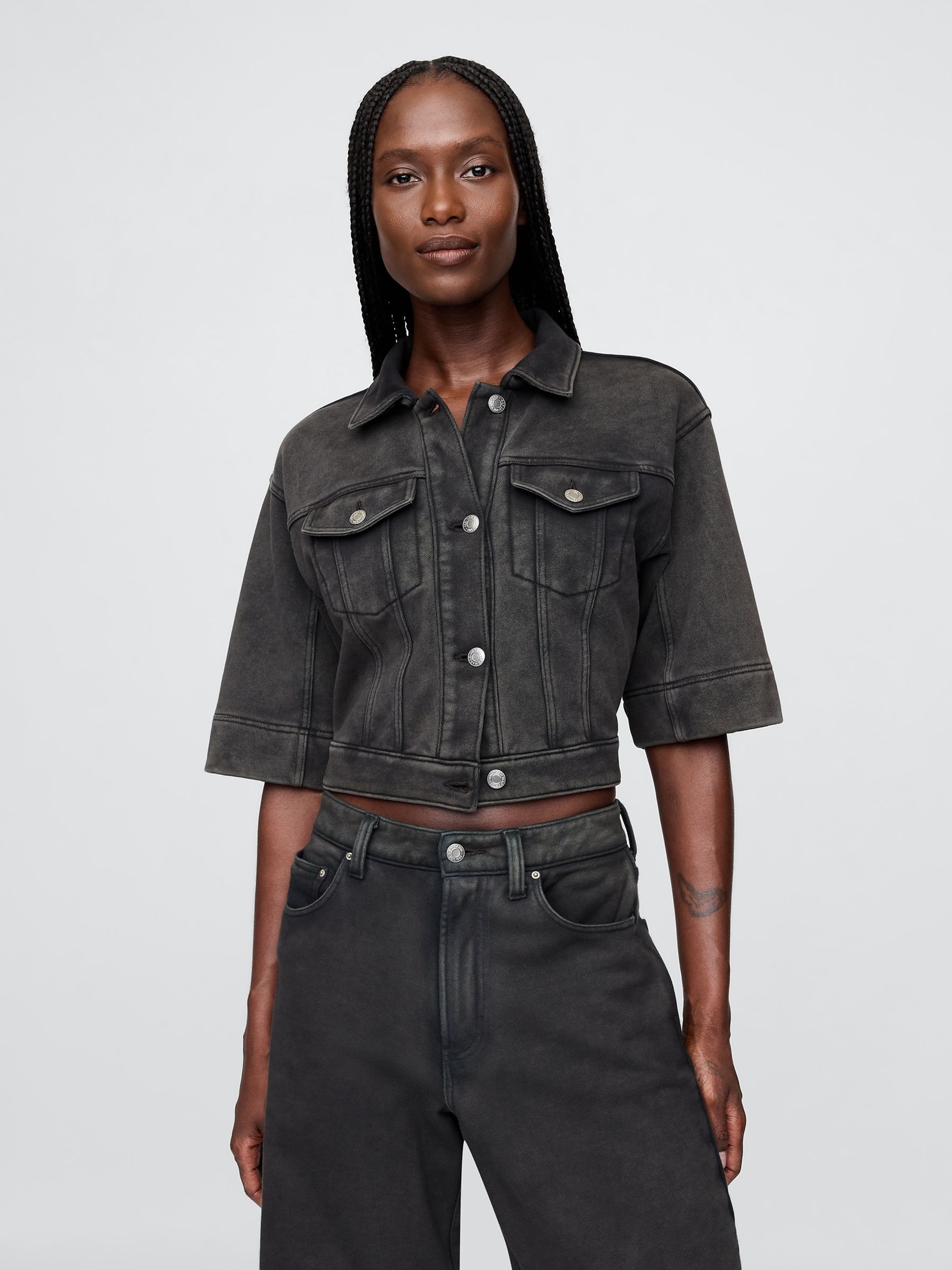 Black Heavyweight French Terry Denim Cropped Jacket - Image 1 of 4