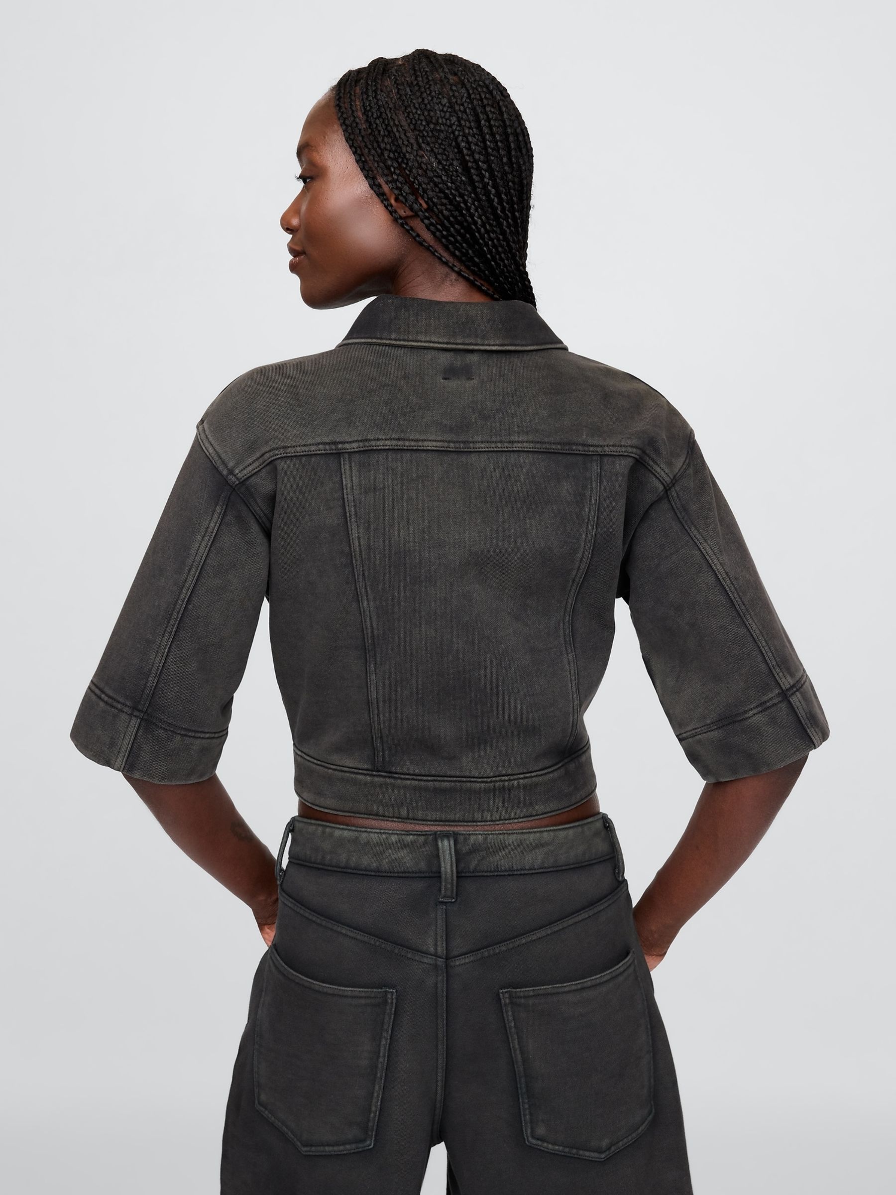 Black Heavyweight French Terry Denim Cropped Jacket - Image 2 of 4