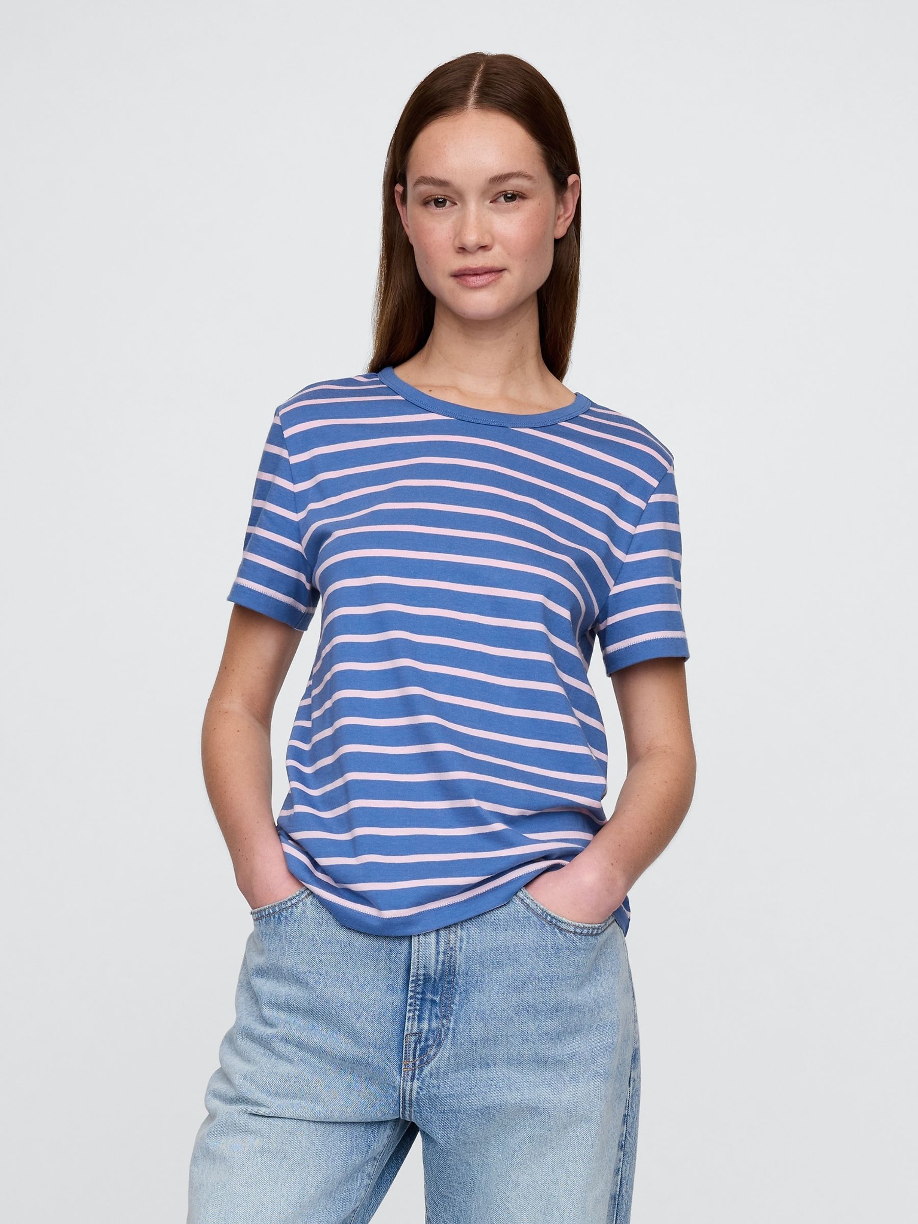 Blue/White Stripe Crew Neck Vintage Short Sleeve T-Shirt - Image 1 of 5
