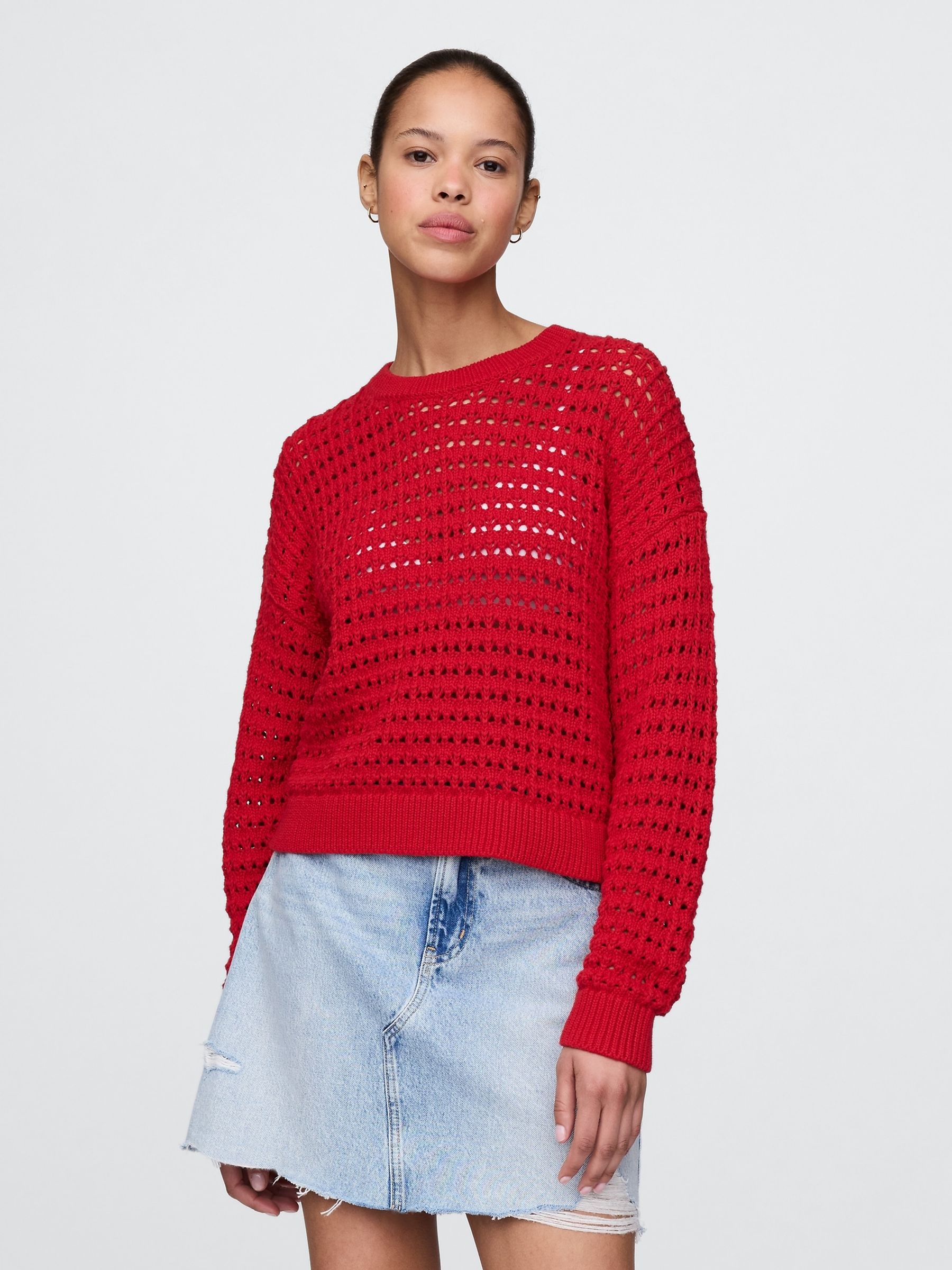 Red Oversized Cotton Crochet Jumper - Image 1 of 5