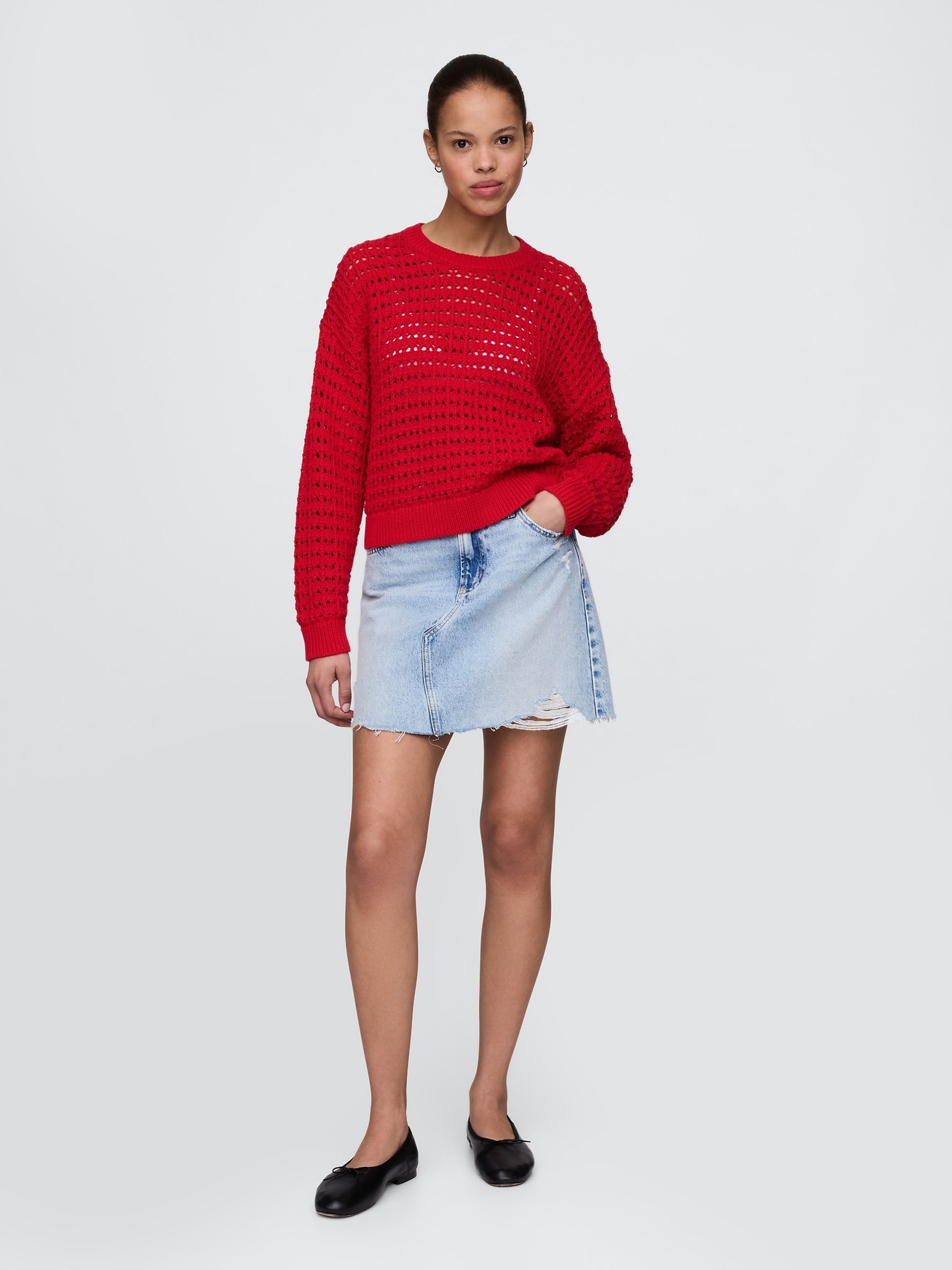 Red Oversized Cotton Crochet Jumper - Image 3 of 5
