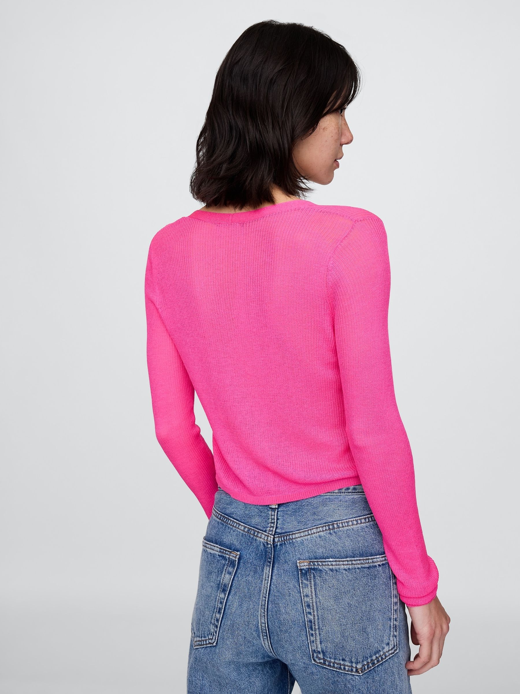 Pink Sheer Rib Cropped Tie-Front Cardigan - Image 2 of 5