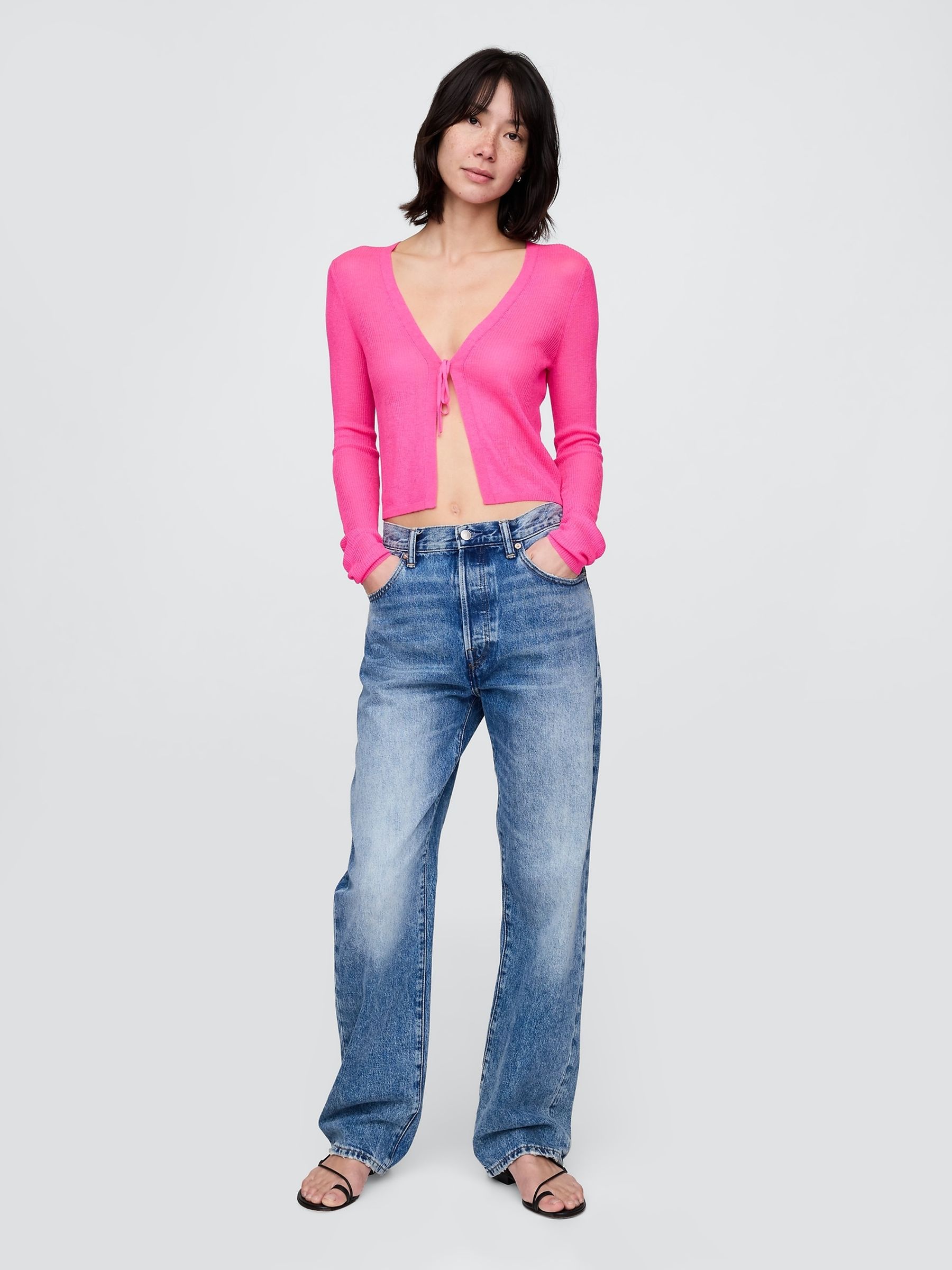 Pink Sheer Rib Cropped Tie-Front Cardigan - Image 3 of 5
