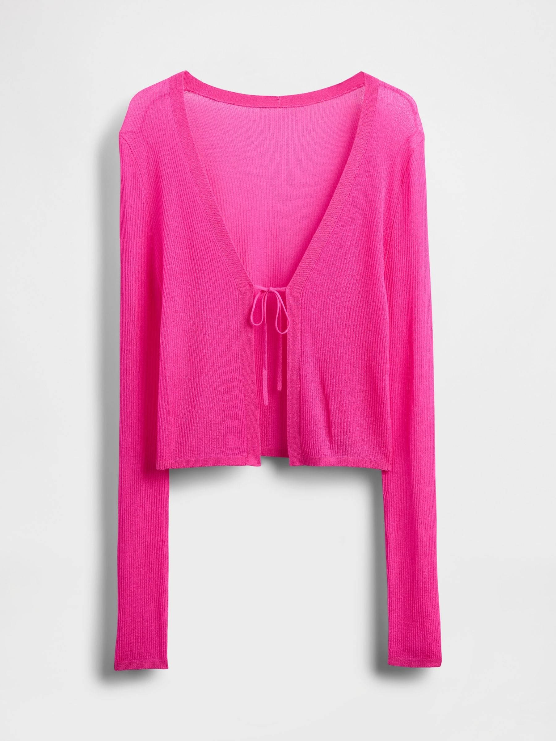 Pink Sheer Rib Cropped Tie-Front Cardigan - Image 5 of 5