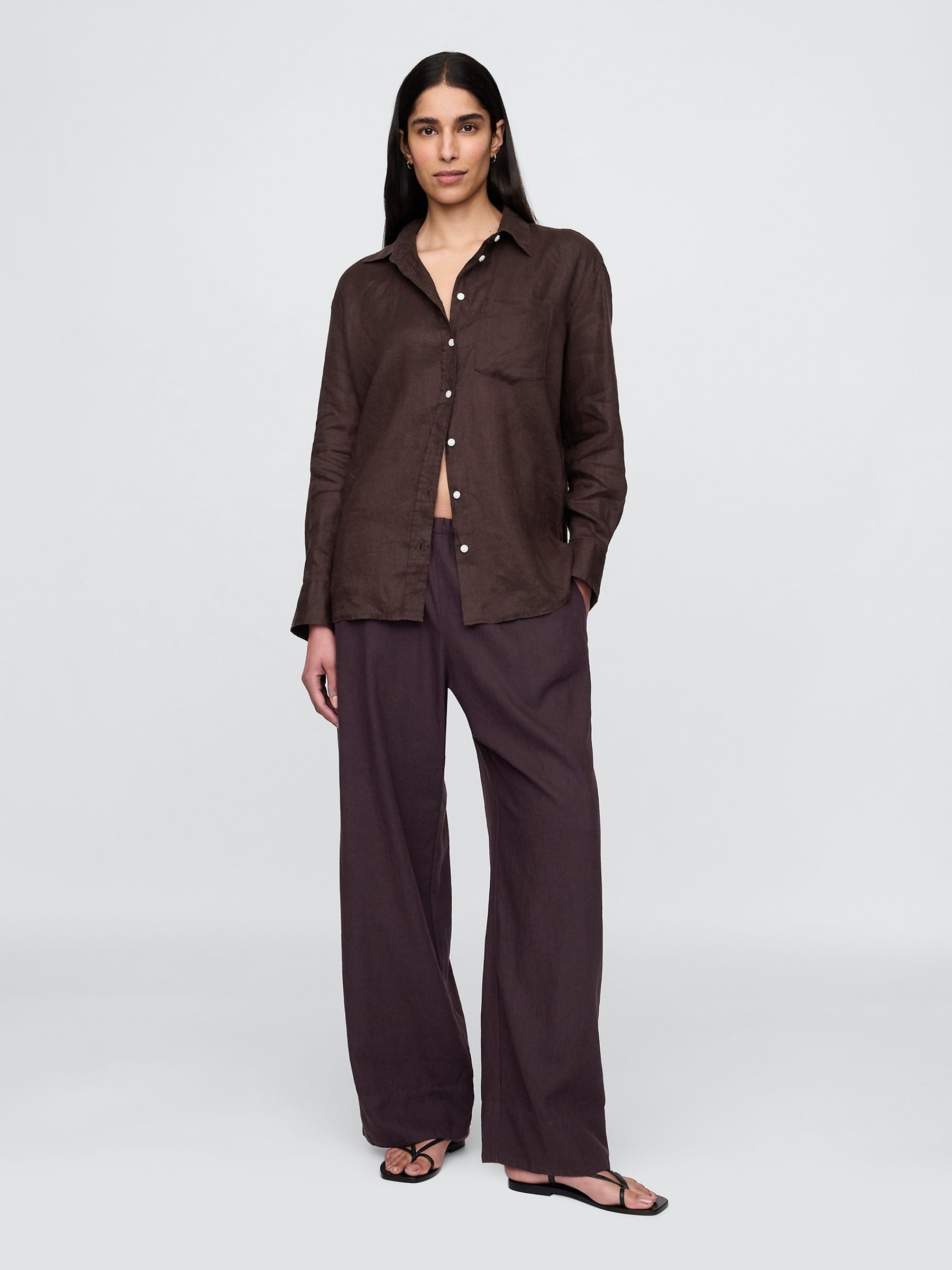 Brown 100% Linen Oversized Shirt - Image 3 of 4