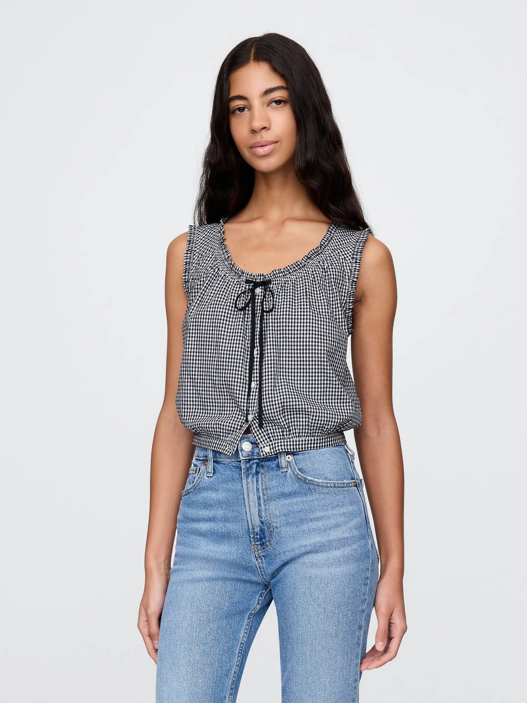 Navy/Blue DÔEN Gingham Cropped Tank Top - Image 1 of 6