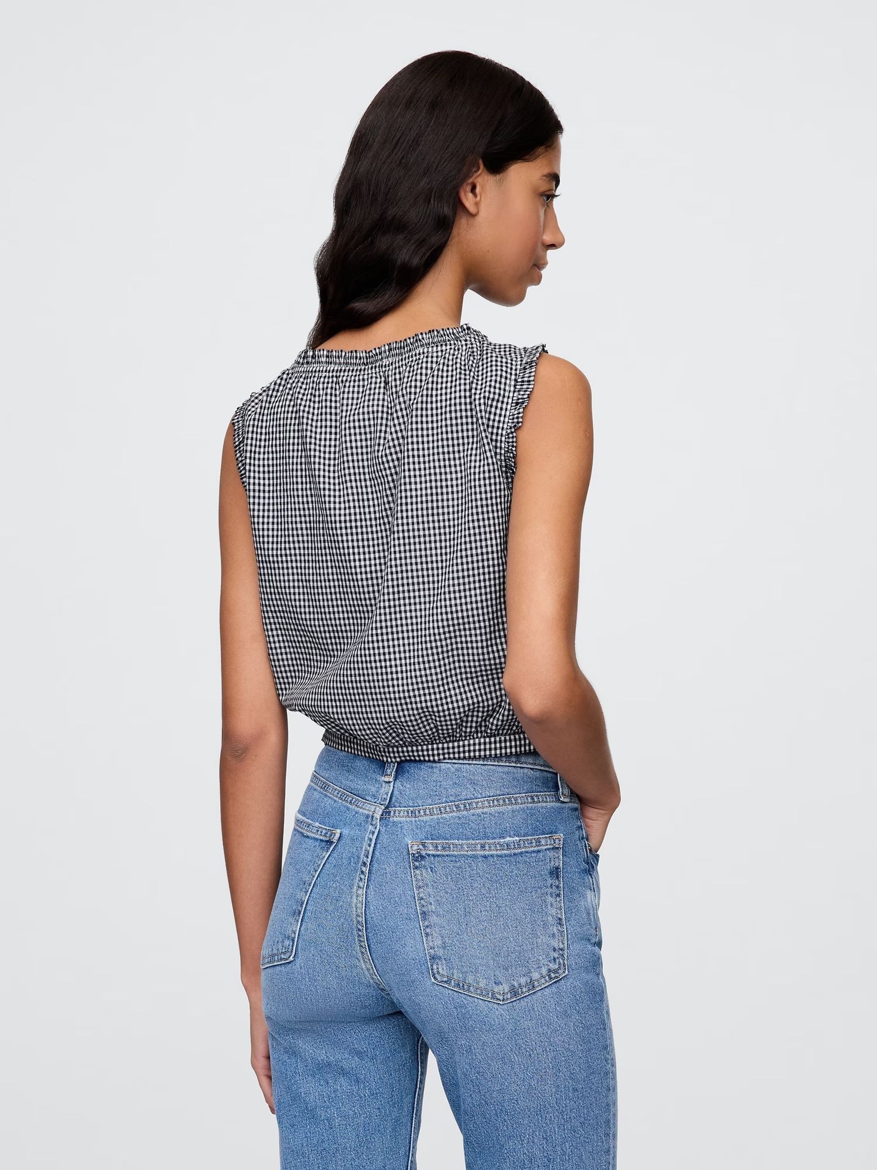 Navy/Blue DÔEN Gingham Cropped Tank Top - Image 2 of 6