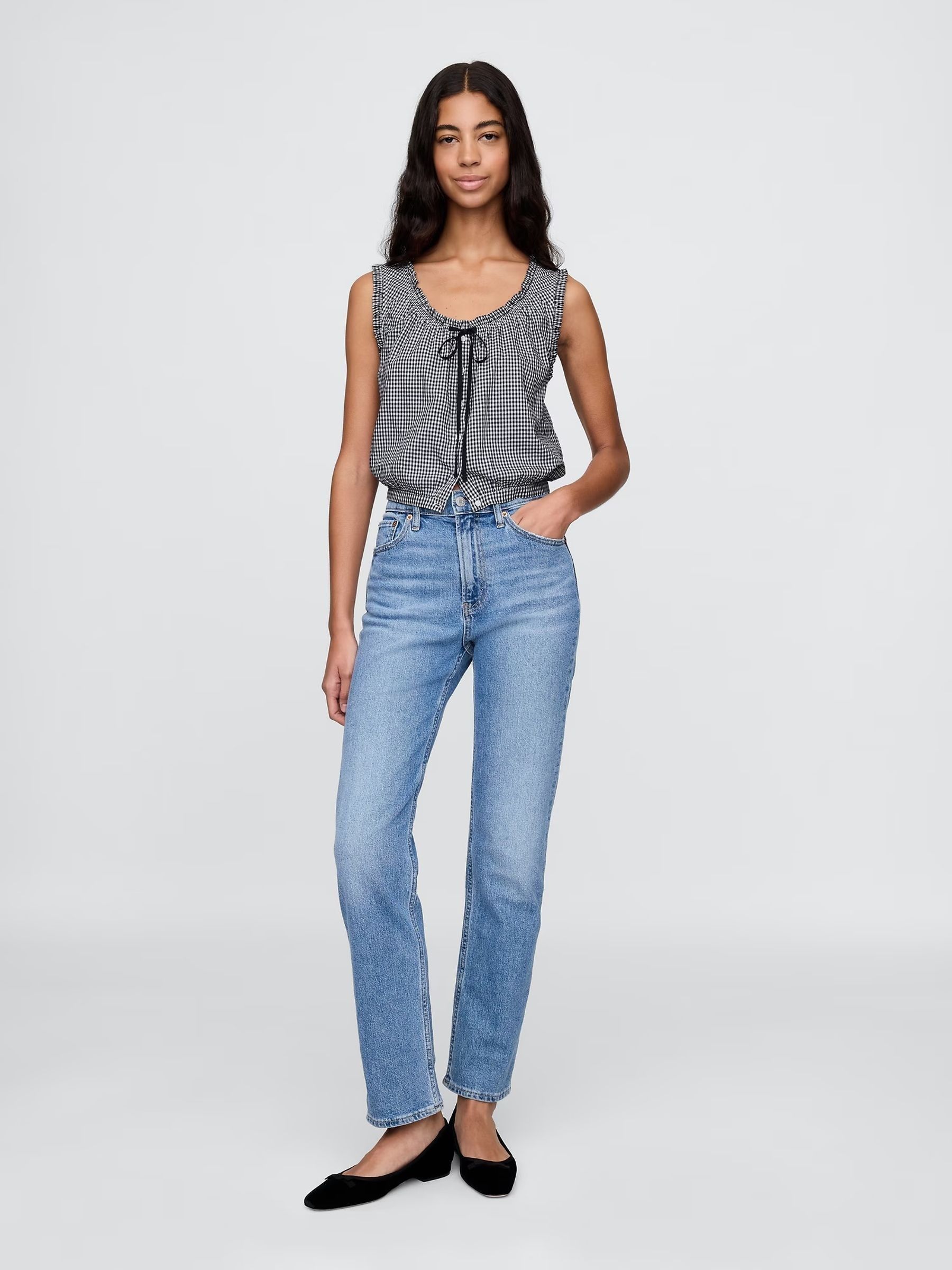 Navy/Blue DÔEN Gingham Cropped Tank Top - Image 3 of 6