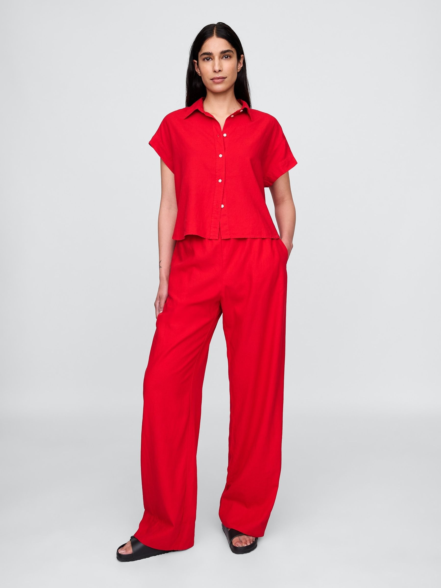 Red Heavyweight Linen-Blend Easy Wide-Hem Trousers - Image 1 of 5