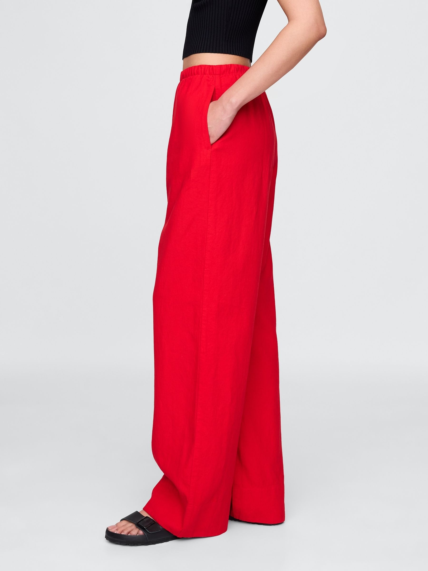 Red Heavyweight Linen-Blend Easy Wide-Hem Trousers - Image 4 of 5