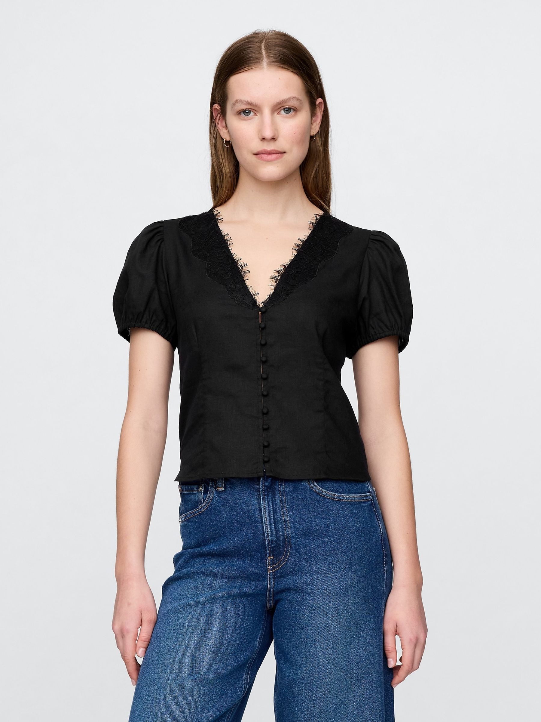 Black Linen-Blend Lace V-Neck Top - Image 1 of 5