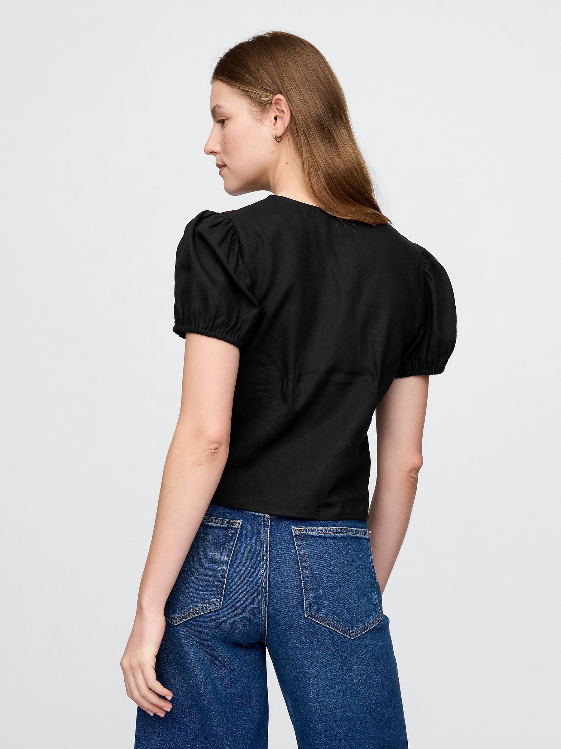 Black Linen-Blend Lace V-Neck Top - Image 2 of 5