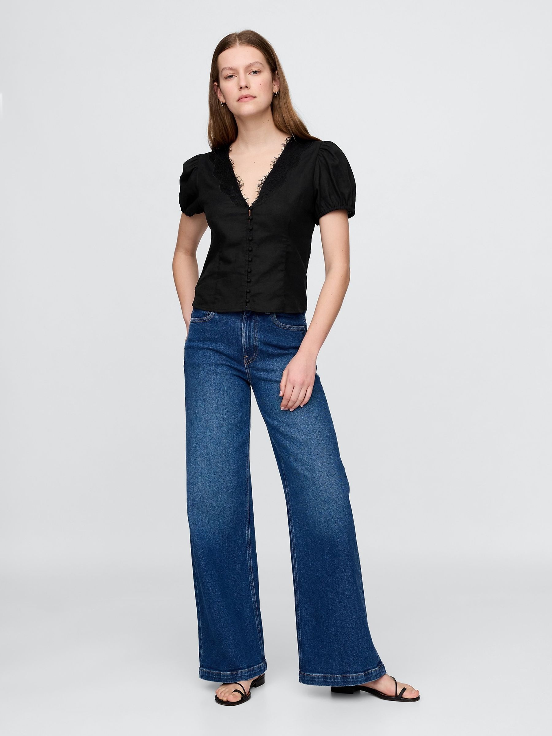 Black Linen-Blend Lace V-Neck Top - Image 3 of 5