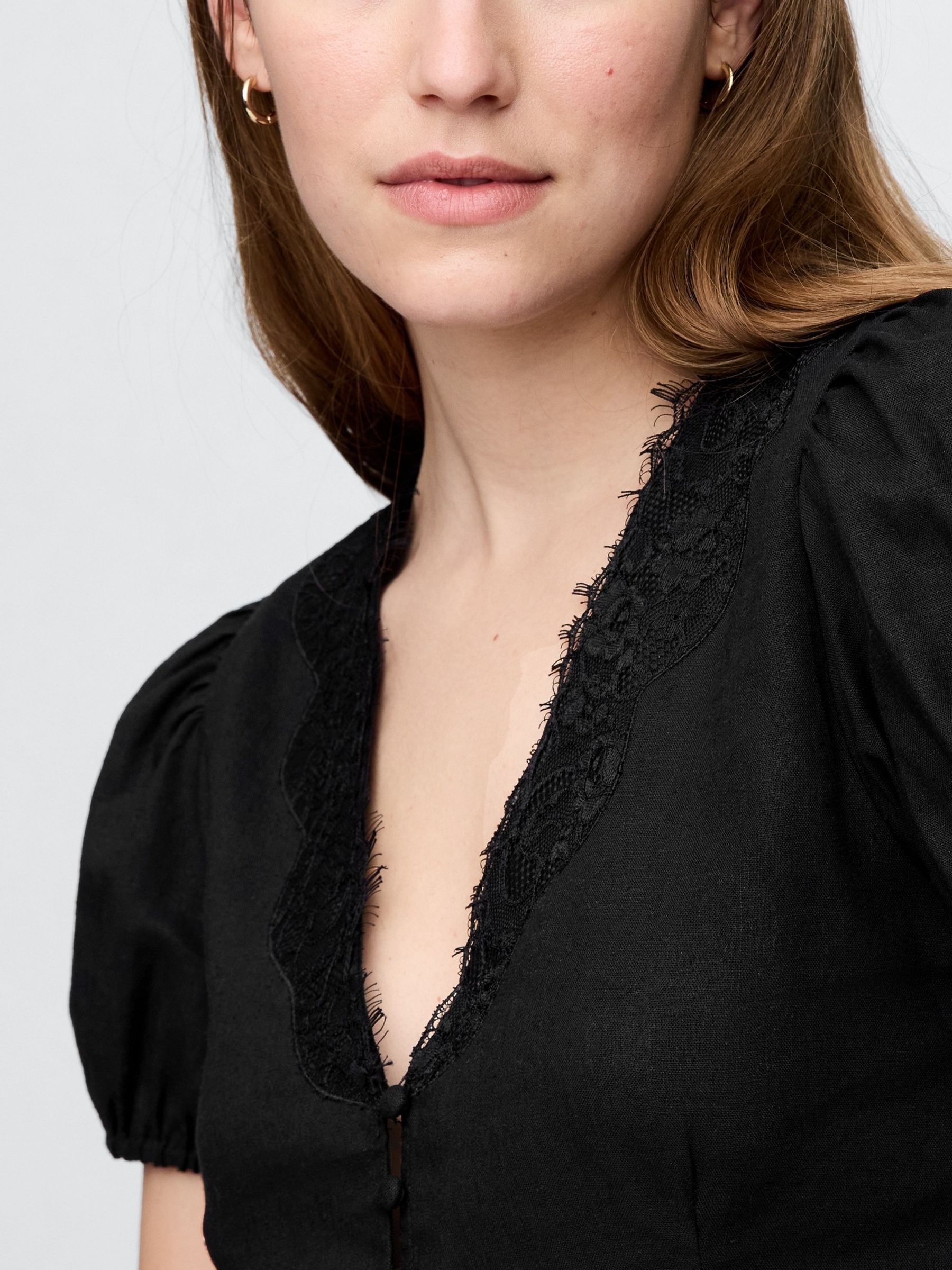 Black Linen-Blend Lace V-Neck Top - Image 4 of 5