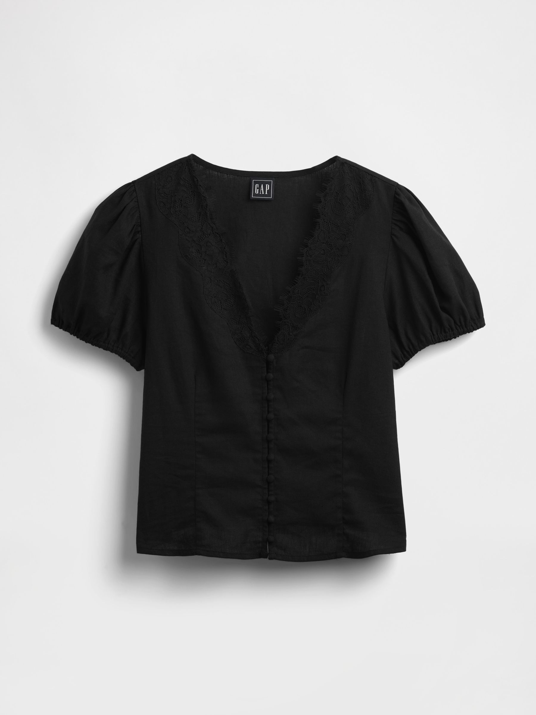 Black Linen-Blend Lace V-Neck Top - Image 5 of 5