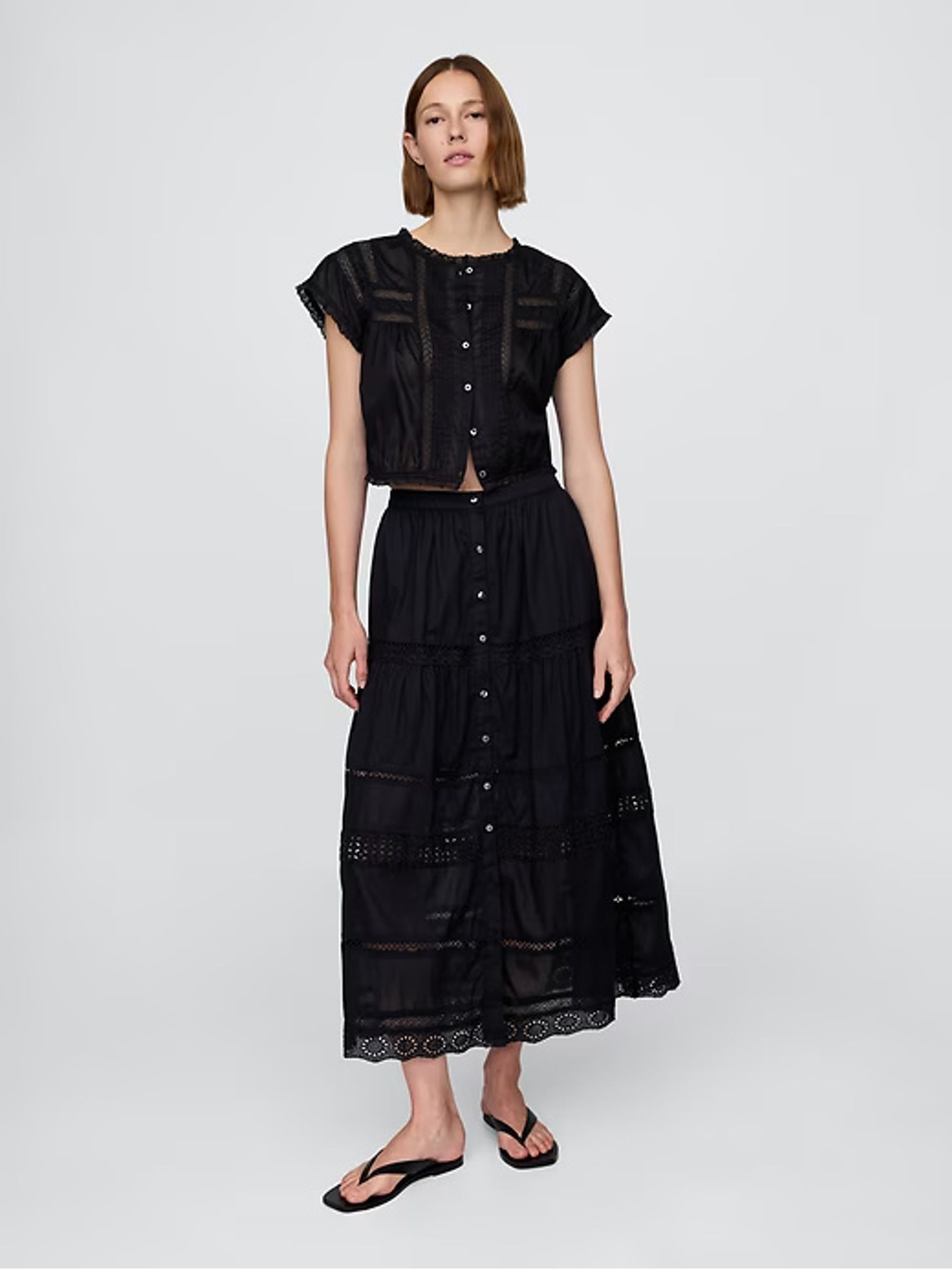 Black Tiered Lace Trim Maxi Skirt - Image 1 of 8