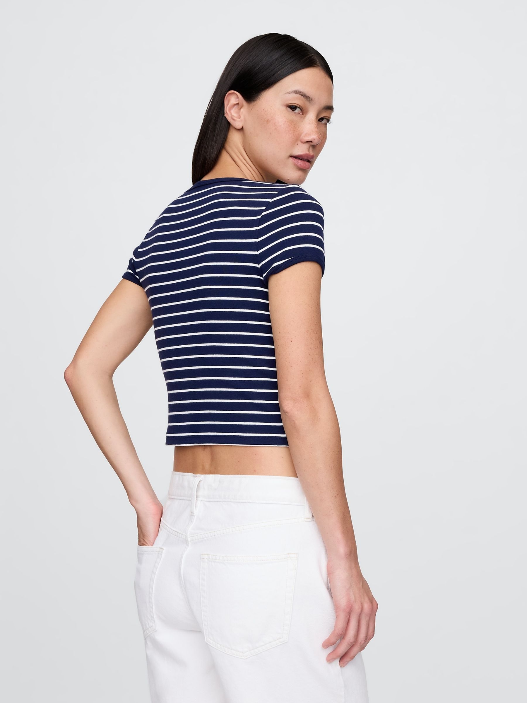 Navy Stripe Modern Cropped Cap-Sleeve T-Shirt - Image 2 of 5