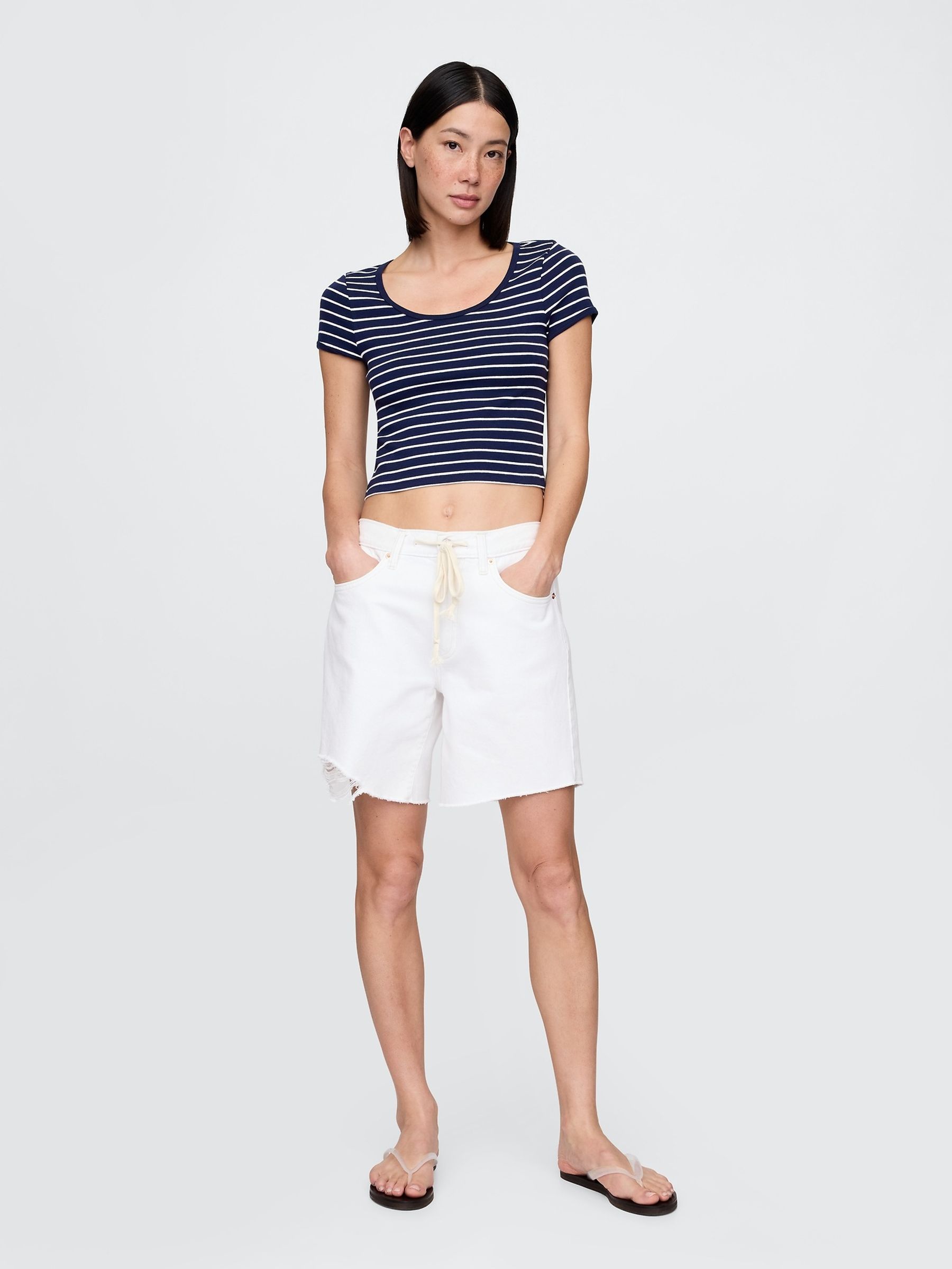 Navy Stripe Modern Cropped Cap-Sleeve T-Shirt - Image 3 of 5