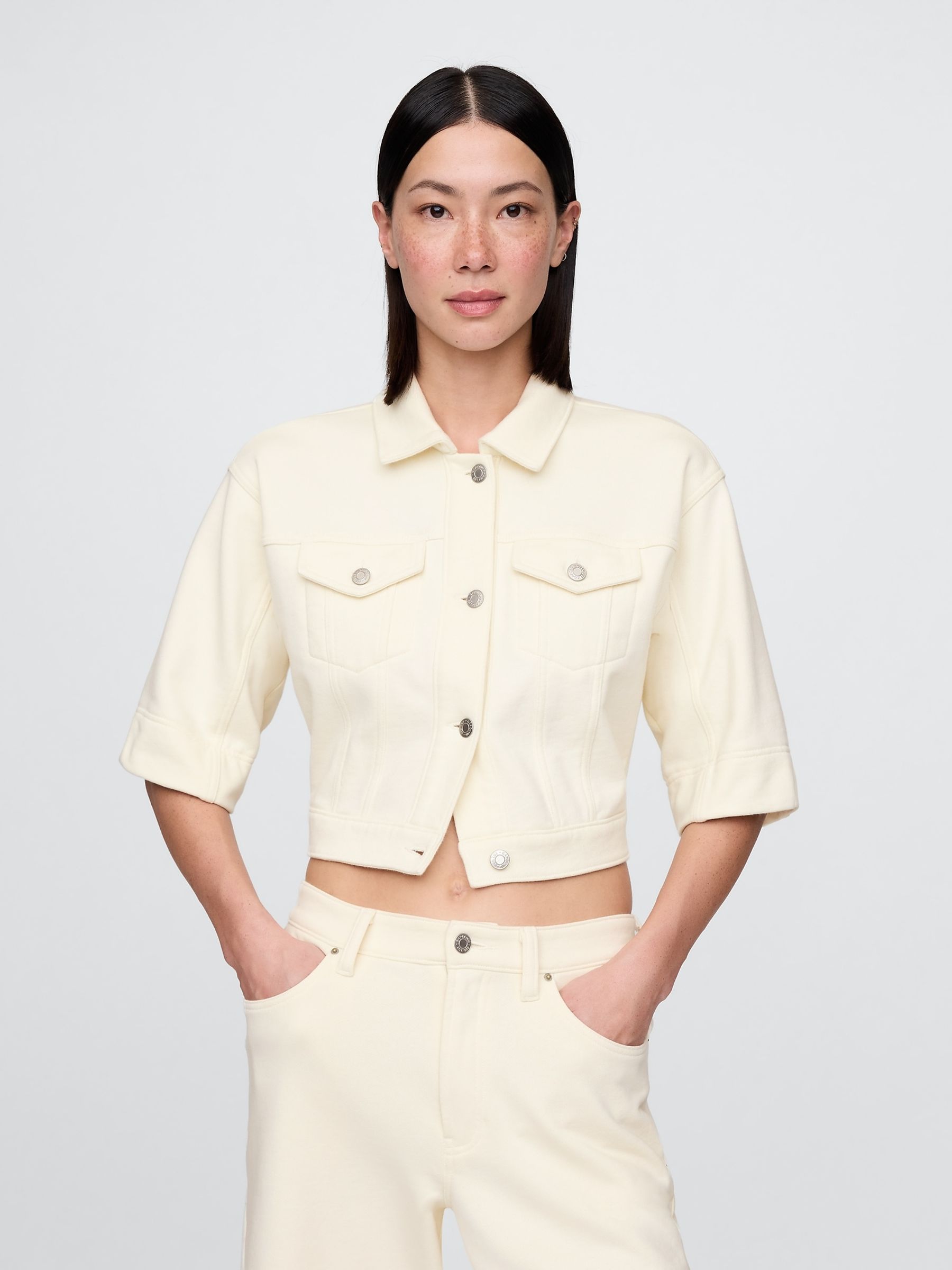 Cream Heavyweight French Terry Denim Cropped Jacket - Image 1 of 5