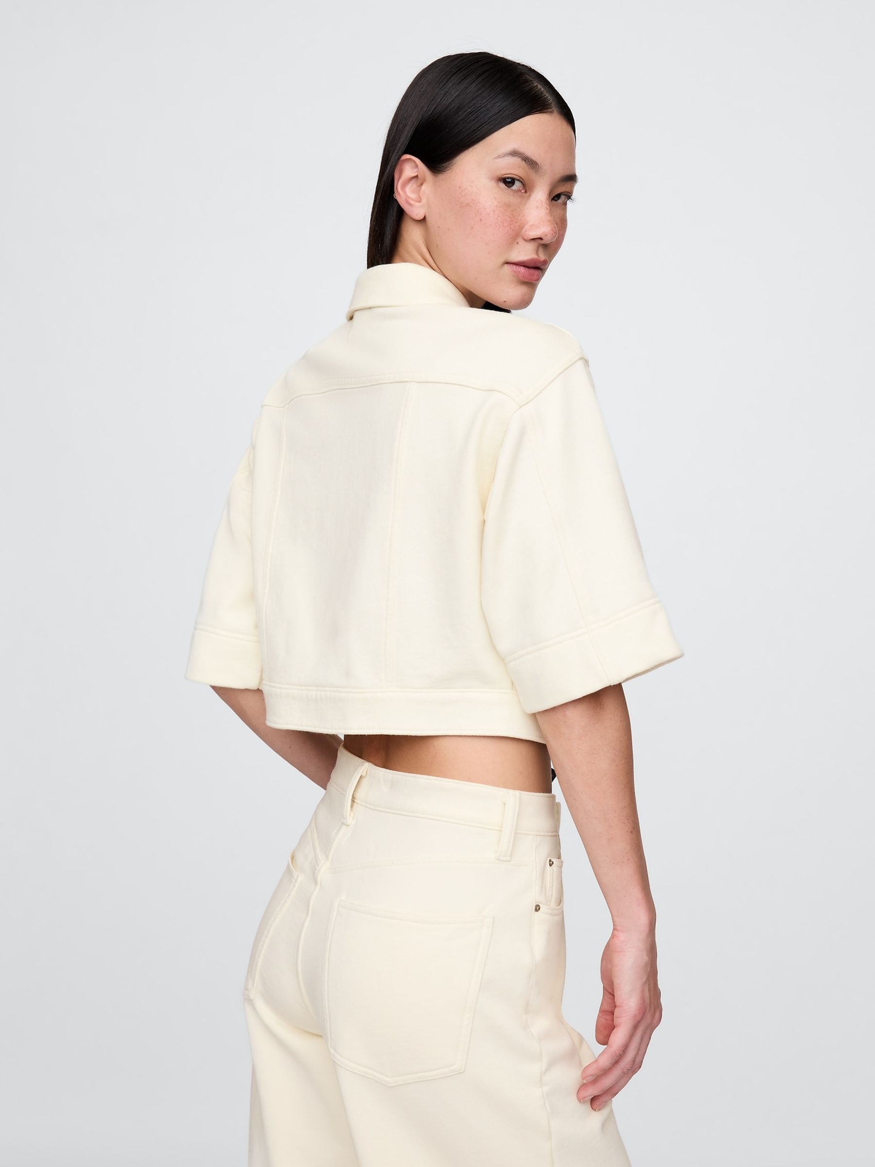 Cream Heavyweight French Terry Denim Cropped Jacket - Image 2 of 5
