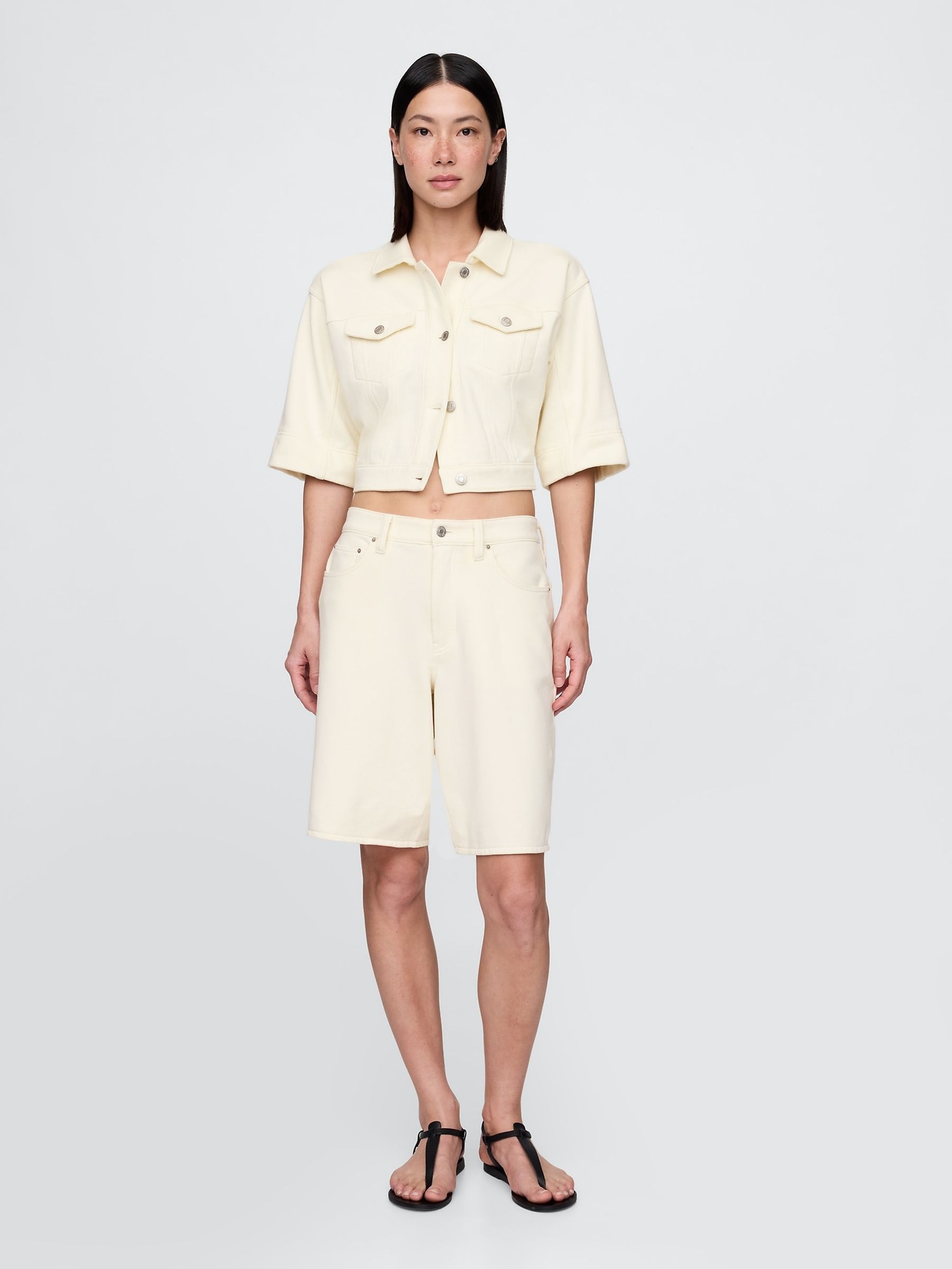 Cream Heavyweight French Terry Denim Cropped Jacket - Image 3 of 5