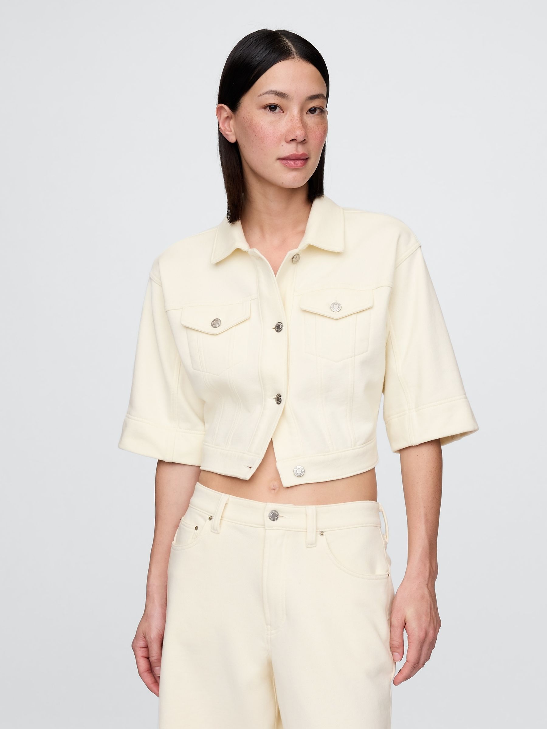 Cream Heavyweight French Terry Denim Cropped Jacket - Image 4 of 5