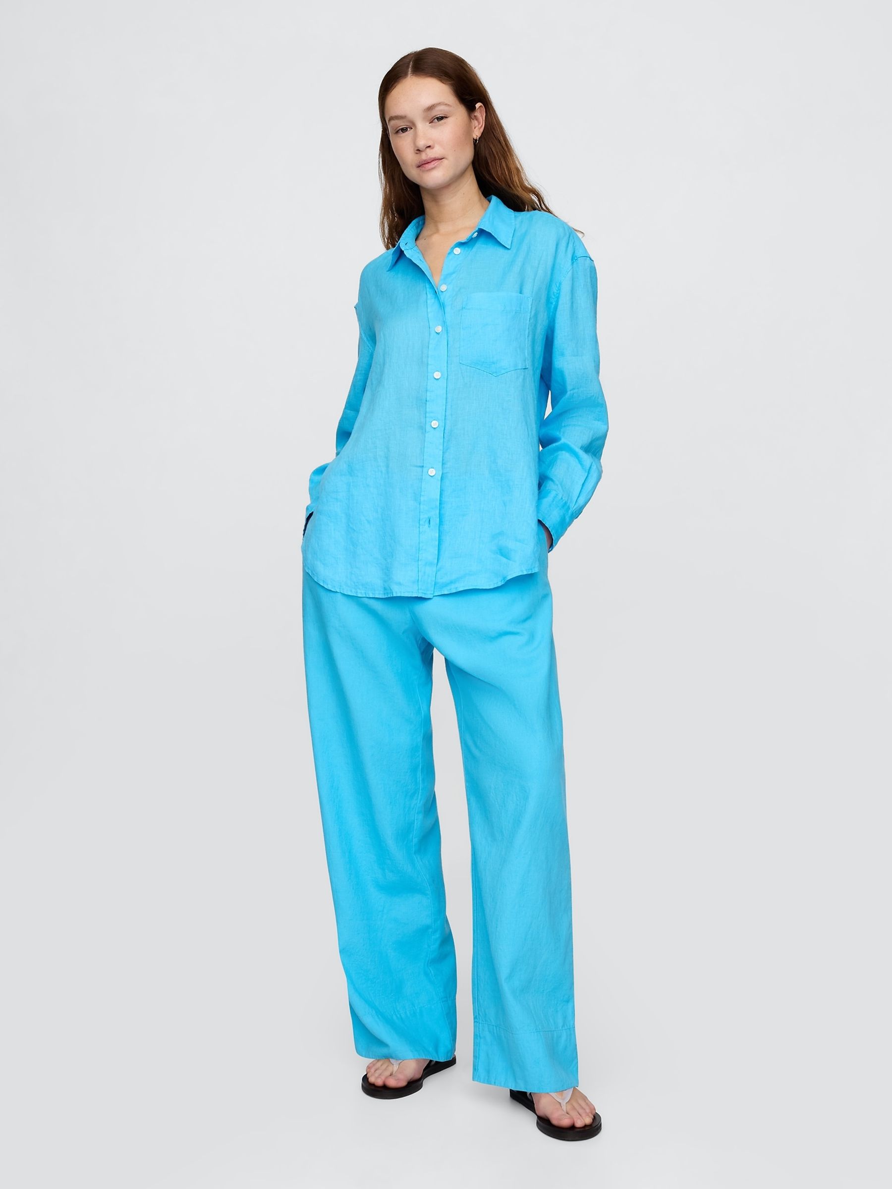Bright Blue 100% Linen Button Down Long Sleeve Oversized Shirt | Gap