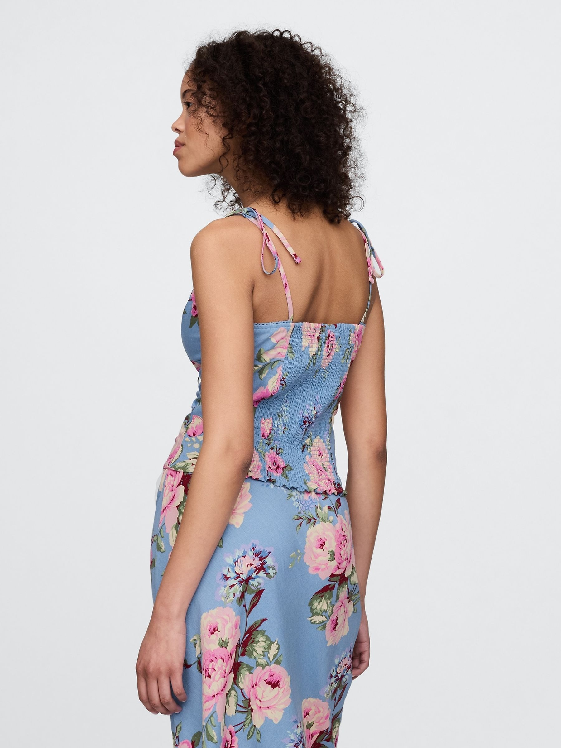 Blue Floral Linen-Blend Tie-Strap Tank Top - Image 2 of 5